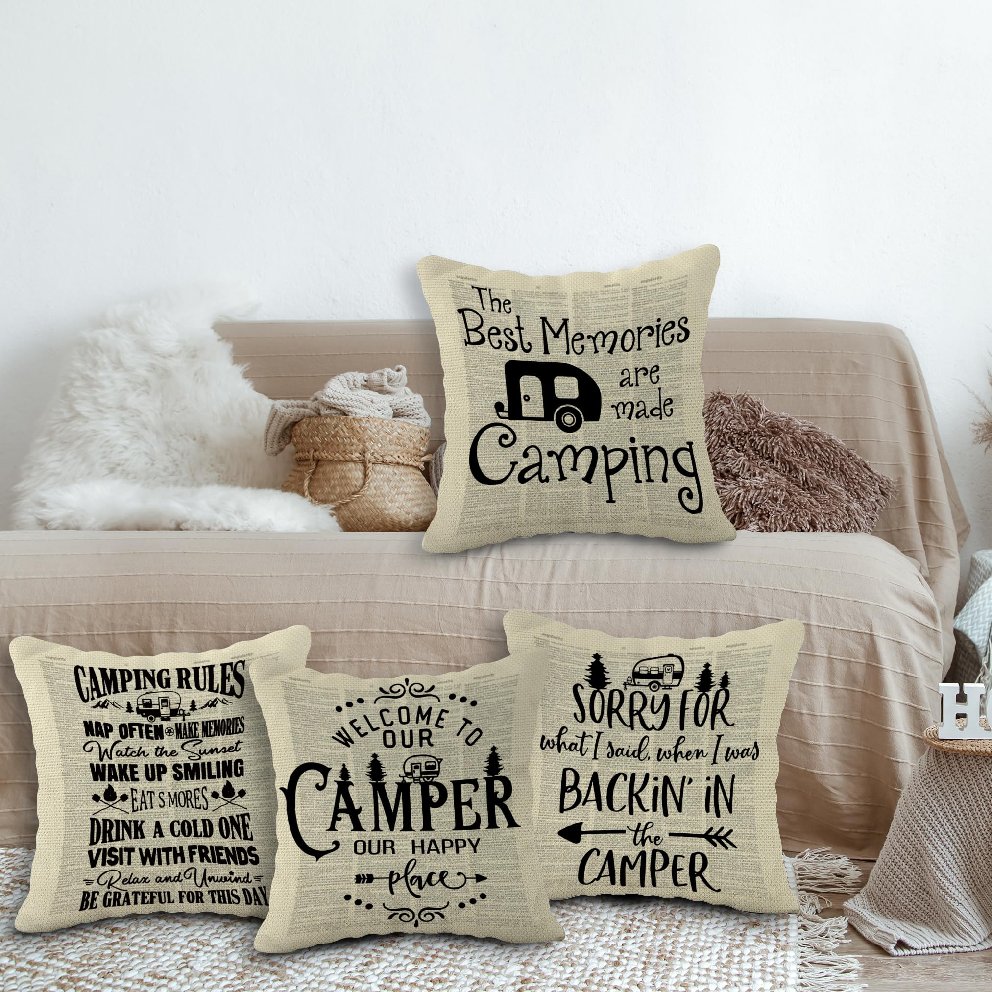 Set di 4 federe decorative da campeggio per divano, 40 x 40 cm, morbide, per camper, campeggio, campeggio, auto, accessori per camper e rimorchi da viaggio