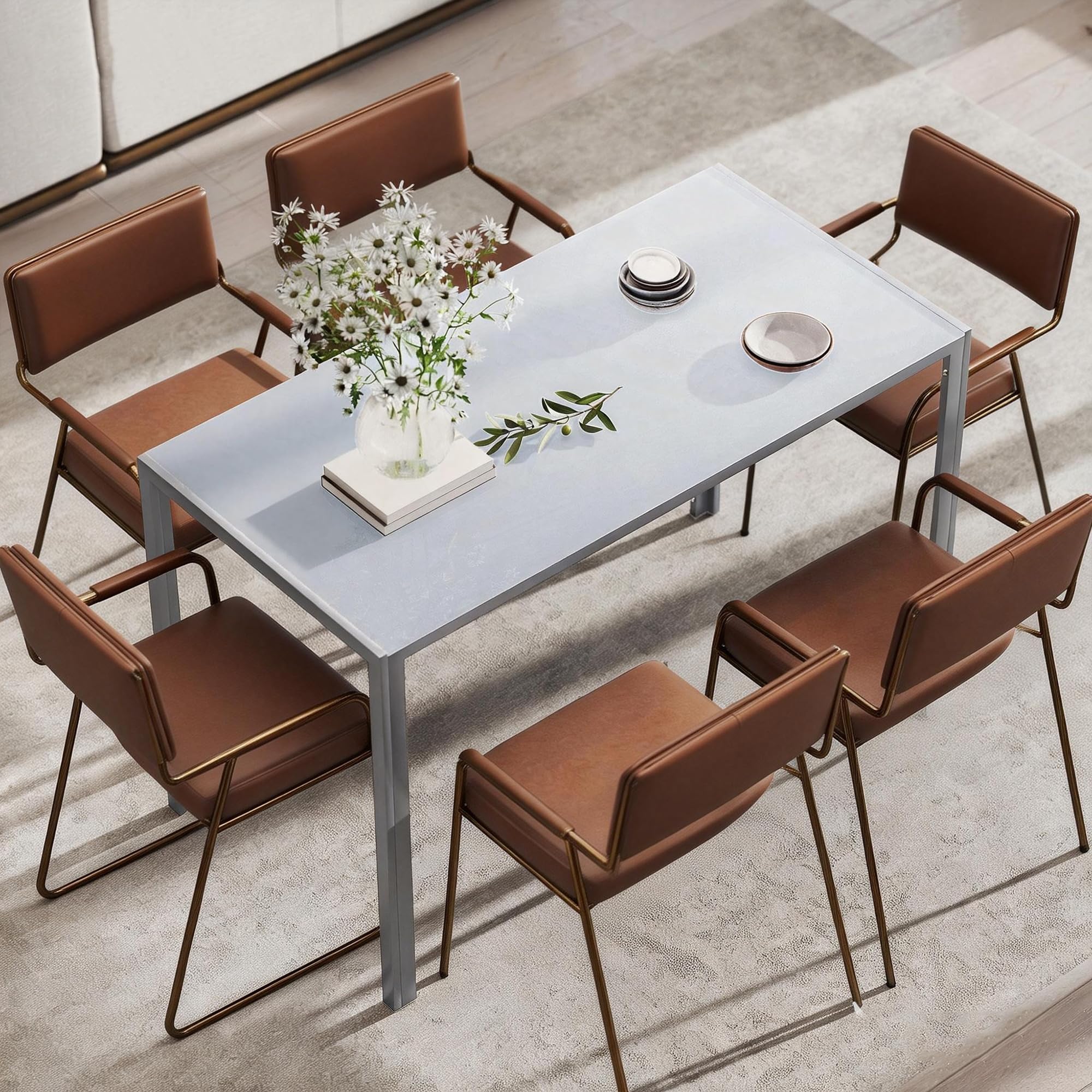 HOMCOM Mesa de Comedor de Cristal, Mesa Rectangular para 4-6 Personas con Patas de Metal, para Cocina, Salón, 120x60x75 cm, Gris