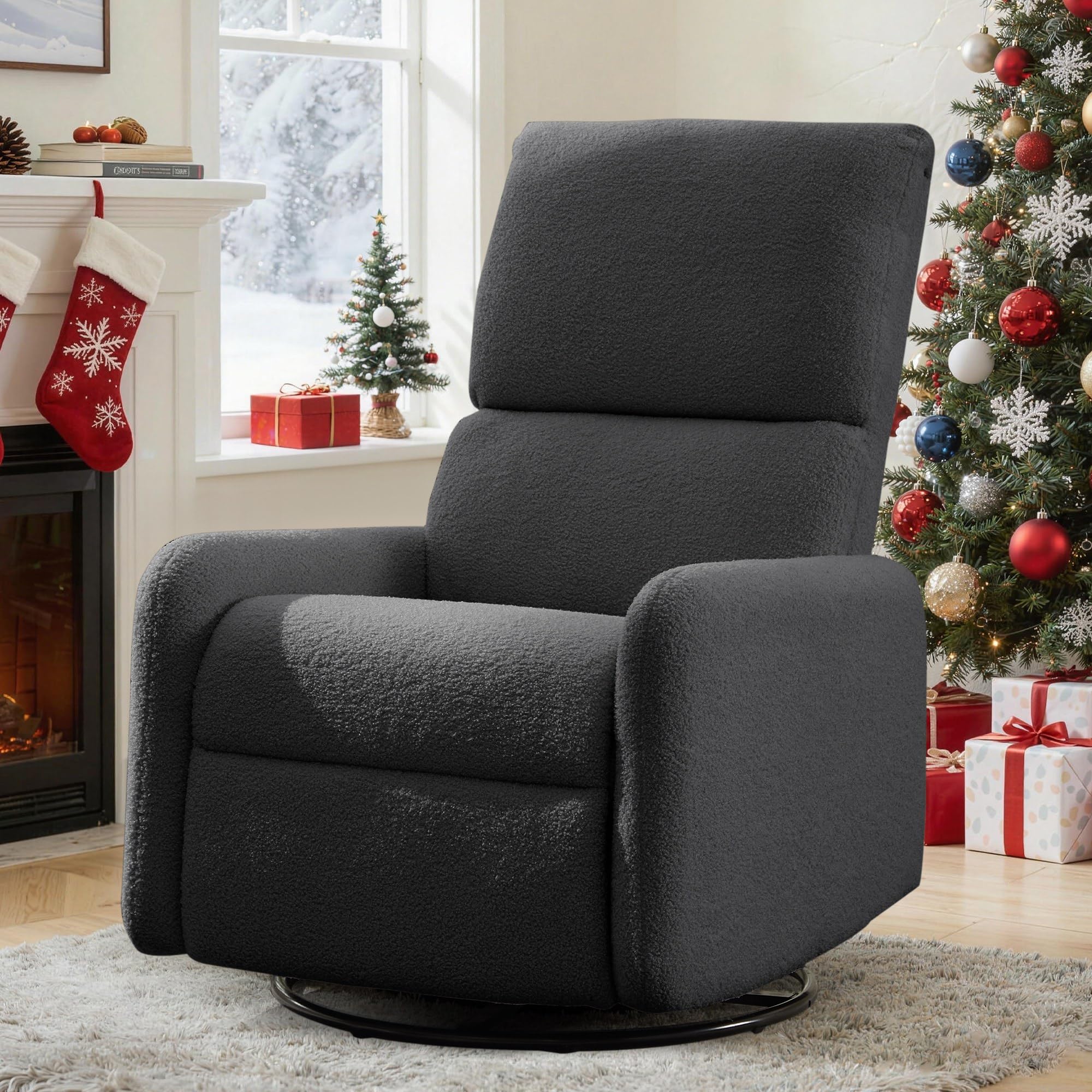 360° Swivel Glider Chair, Rocking Chair Nursery with Side Pockets, Deep Cushioned Seat, Nursery Chair with Steel Structure Base, Sherpa Swivel Chairs for Living Room, Bedroom, Baby Room