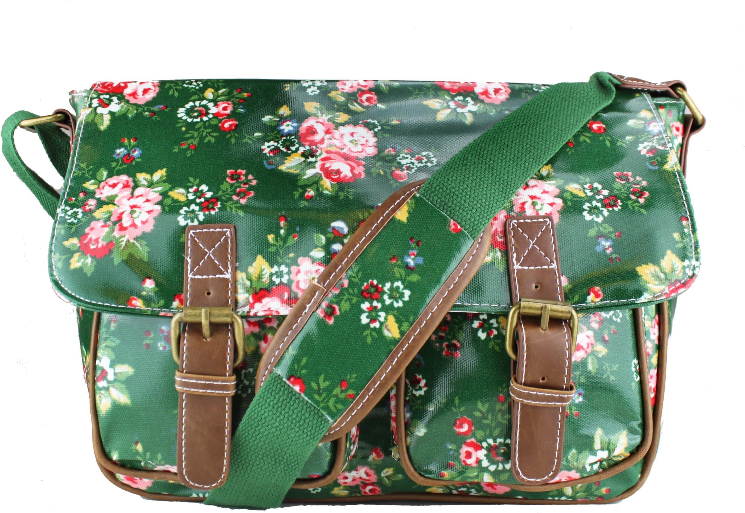 Floral Polka Dots Ladies Oilcloth Satchel Messenger Shoulder Hand School Bag (Dark Green)