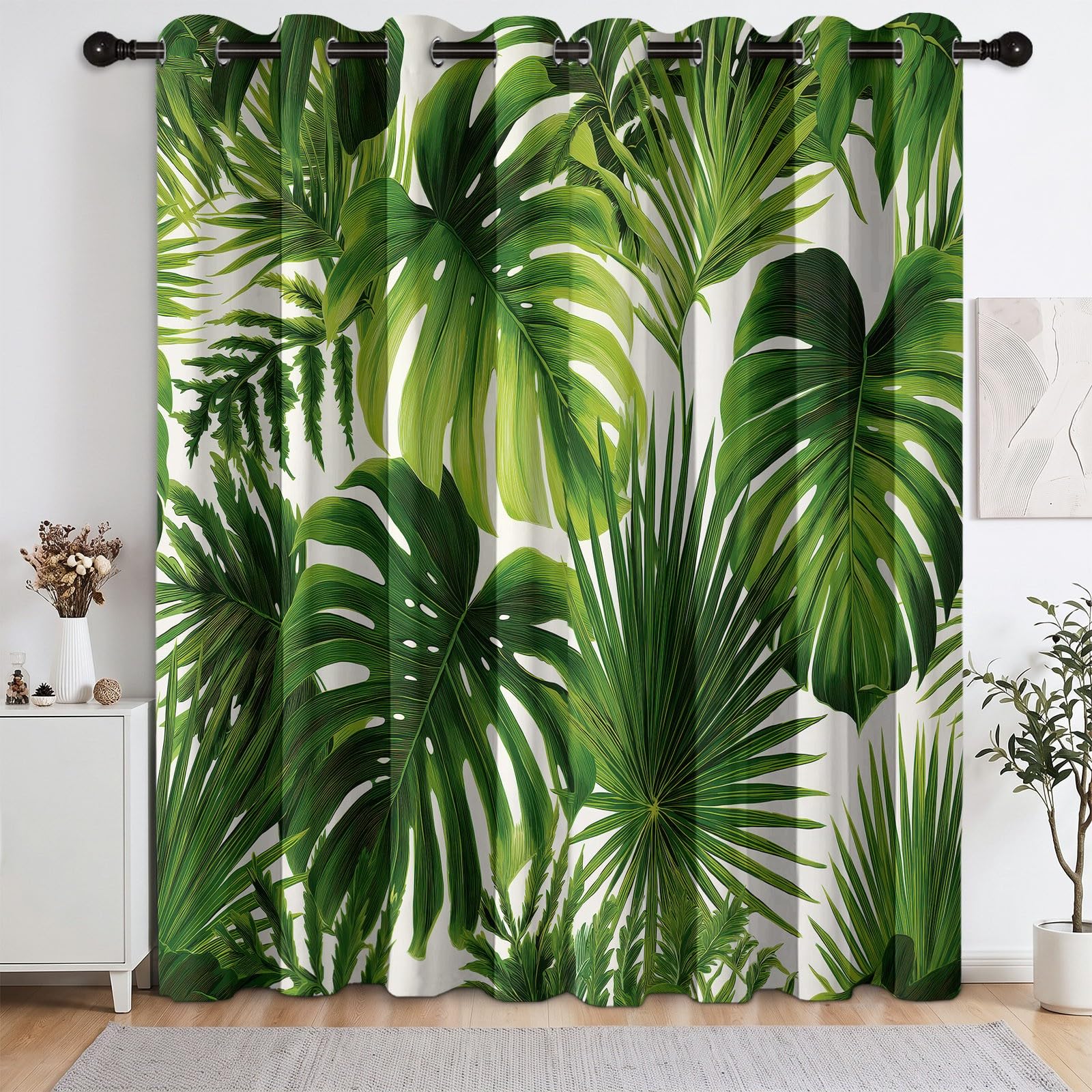 Zielona termiczna zasłona zaciemniająca, rośliny Monstera Deliciosa Palm Leaves Zestaw 2 zasłon z izolacją akustyczną, oszczędność energii, idealna do sypialni, salonu, okna 117 x 229 cm