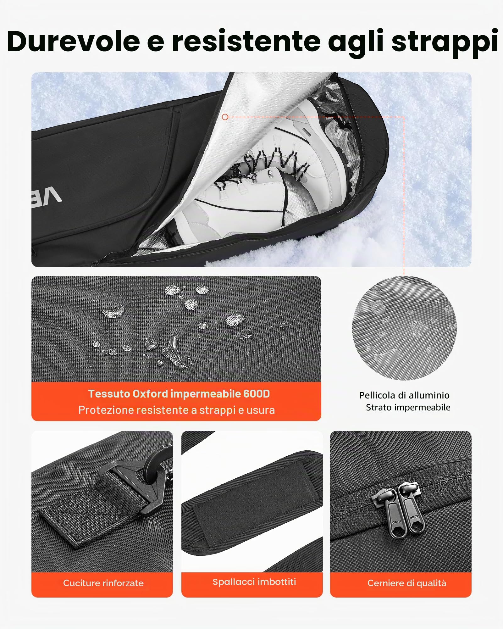 VEVOR Borsa da Snowboard, Fino a 165 cm, Borsa Imbottita per Sci e Snowboard, Tessuto Oxford Impermeabile 600D, con Cinghie Interne Regolabili, per Occhiali, Guanti, Casco e Scarponi Nero