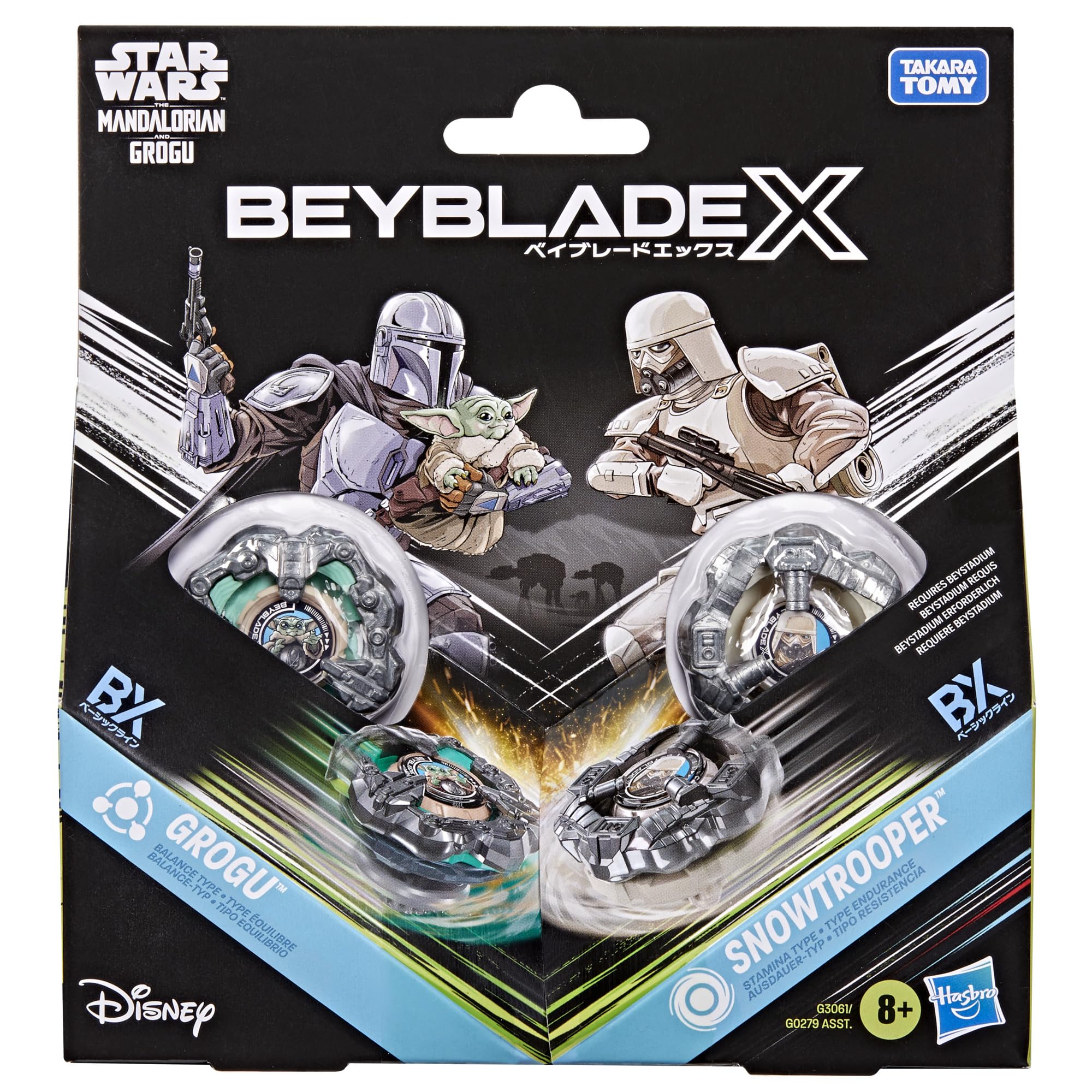 Colaboración Beyblade X y Star Wars, Grogu vs. Snowtrooper, 2 Tops de Batalla Takara Tomy, 2 lanzadores, Juguetes Star Wars, A Partir de 8 años
