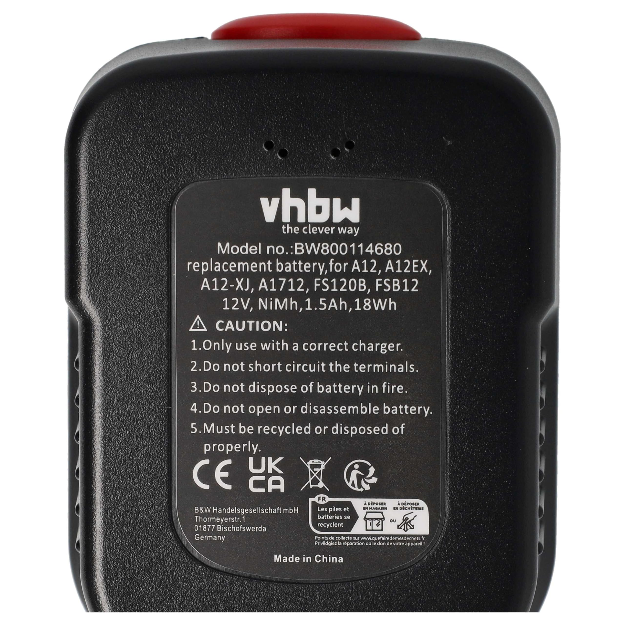 vhbw 3x NiMH akumulator 1500 mAh (12 V) pasuje do elektronarzędzi narzędzia Powertools Tools Black & Decker HP126F2B, HP126F2K, HP126F3B, HP126F3K, HP126FBH