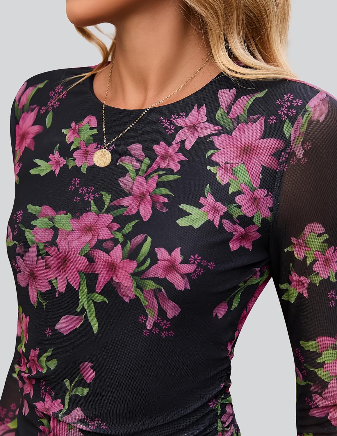 ZESICA Womens 2026 Spring Floral Mesh Going Out Tops Long Sleeve Crewneck Slim Fit Ruched Y2k Shirt Beach Vacation Outfit - Image 5