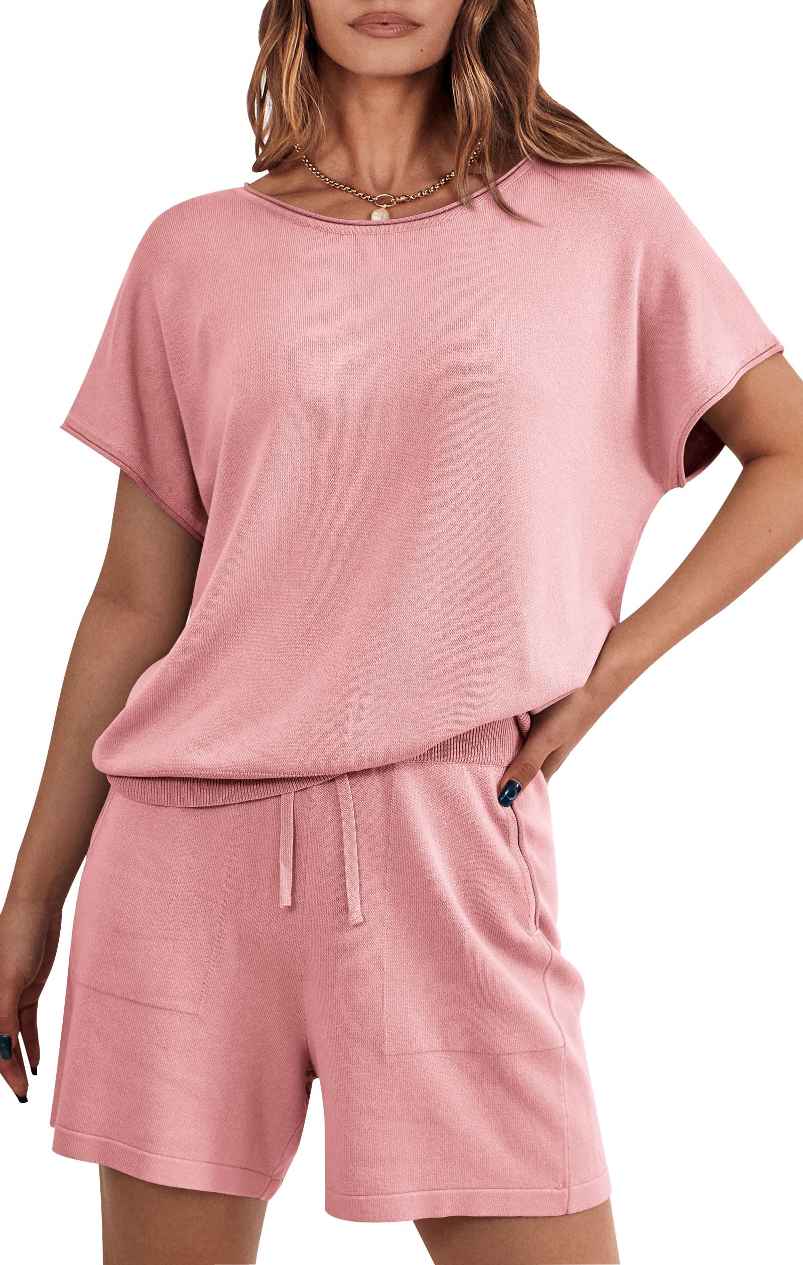 PRETTYGARDEN Two Piece Set For Women Summer Lounge Sets Shorts And Short Sleeve Tops Knitted Matching Travel Spring Outfits