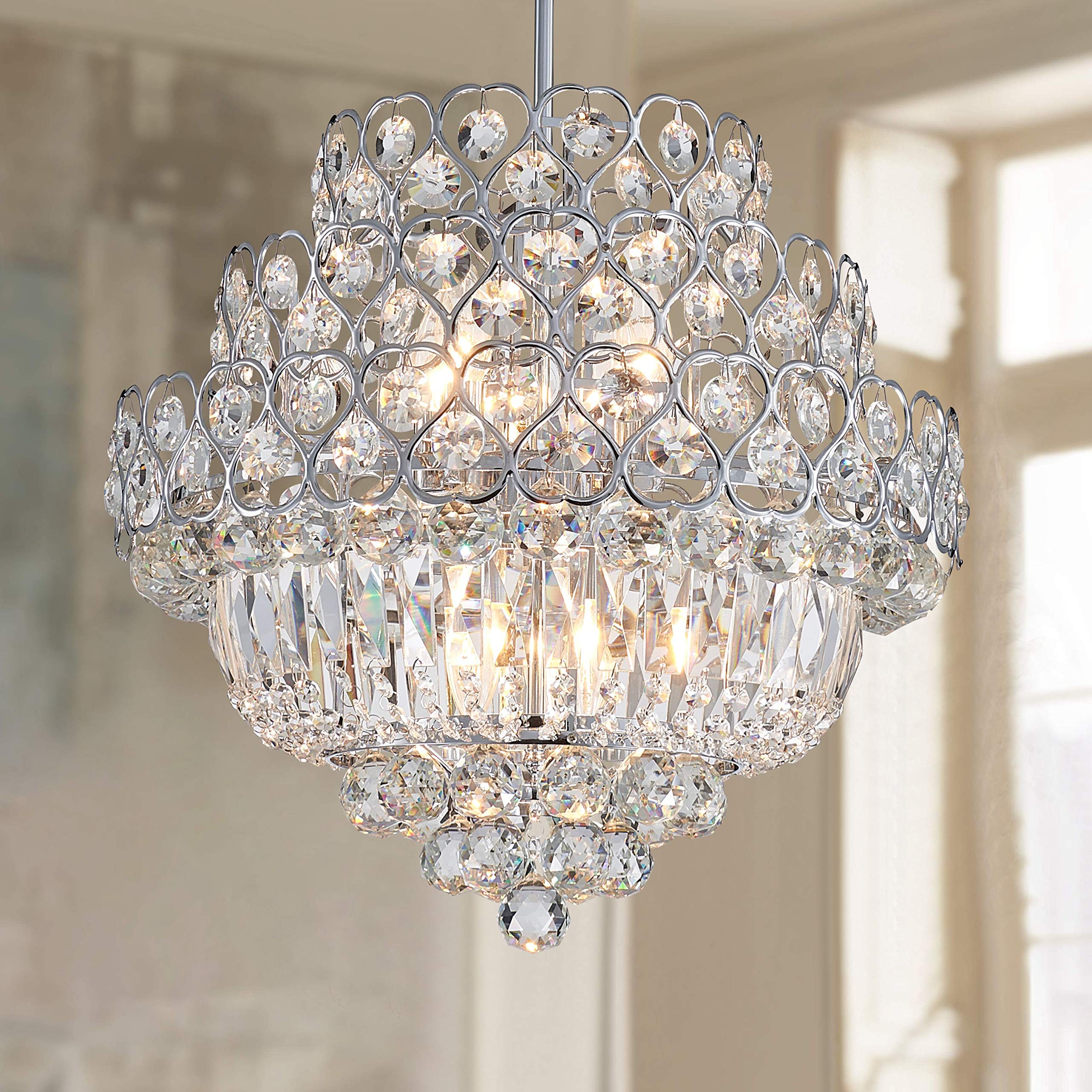 Bestier Modern Pendant Chandelier Crystal Raindrop Lighting Ceiling Light Fixture Lamp for Dining Room Bathroom Bedroom Livingroom entryway 7 E12 Bulbs Required D20 in x H18 in