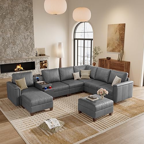 Miniatura 15 de SITJOY Sofá modular modular de piel sintética de 118 pulgadas con almacenamiento, sofás modulares modernos de mediados de siglo para sala de estar,