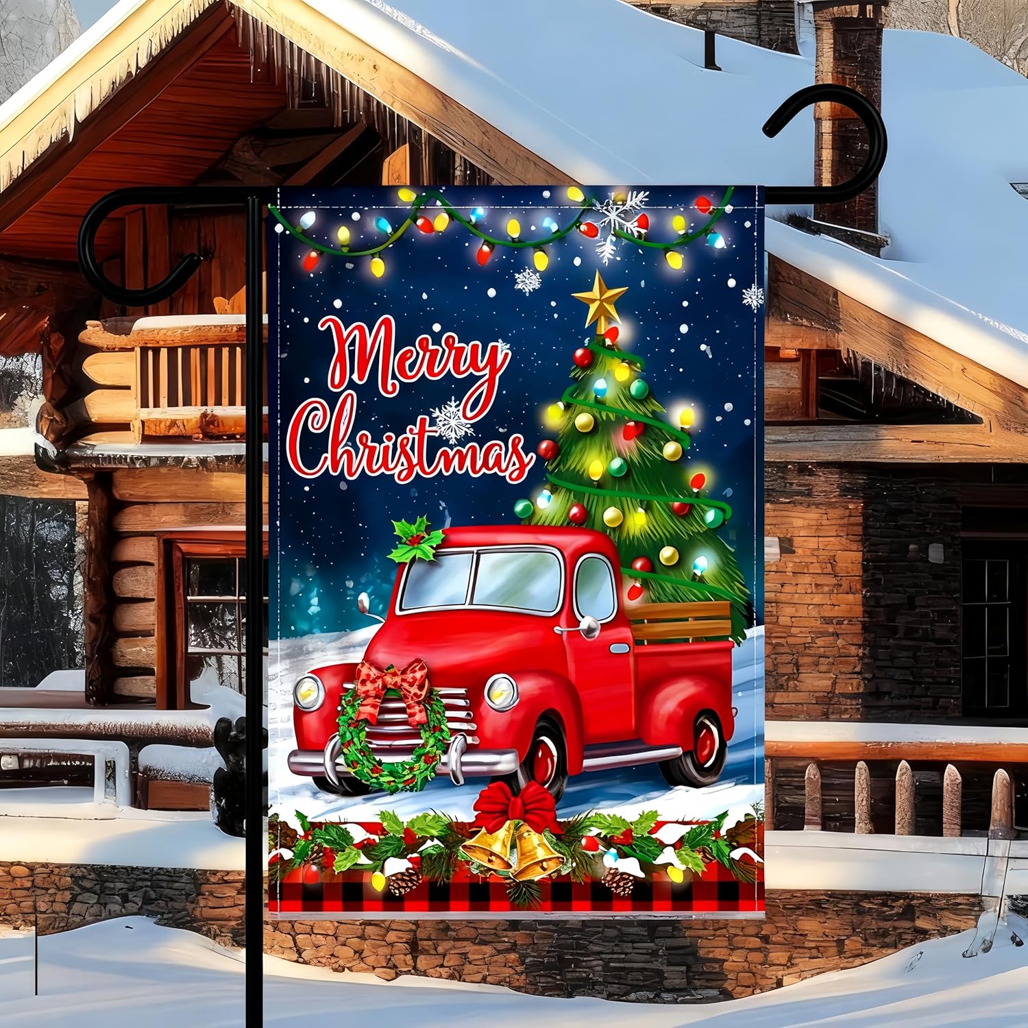 LED Lighted Christmas Garden Flag Weather-Proof 12 x 18 in Double Sided Xmas Yard Flag for Outside Double Sided Seasonal Garden Flags with Lights Waterproof Battery Box for Outdoor Holiday Decor - Image 6