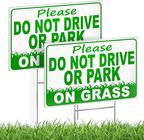 2PC Please Do Not Drive or Park on Grass Yard Sign - 8x12 Double Sided Coroplast No Parking on Grass Sign - Keep Off Grass Sign with Stake for Yard