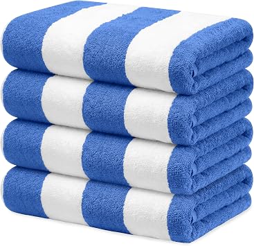 Avalon Towels Cabana Beach Towels 4 Pack Size 30x60 Inches Oversized, 100% Ring Spun Cotton, Highly Absorbent Large Pool Towels, Super Soft and Quick Drying, Perfect for Gifts Blue Stripe