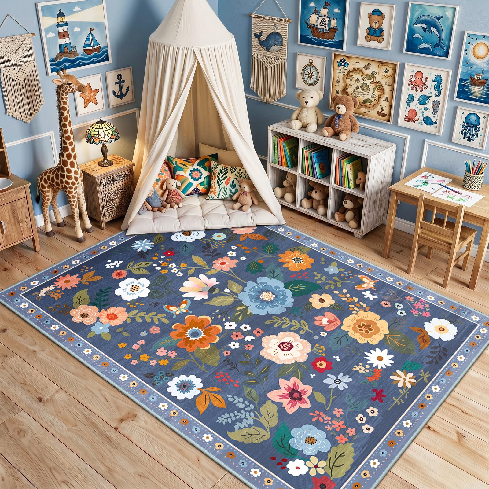 DEFYNEE Machine Washable Rugs Living Room, 120×180cm Floral Rug, Non-Slip Low Pile Boho Vintage Floral Carpet with Printed Design for Kids Room, Bedroom, Kitchen, Entryway, Lounge, Blue/Grey — image 1