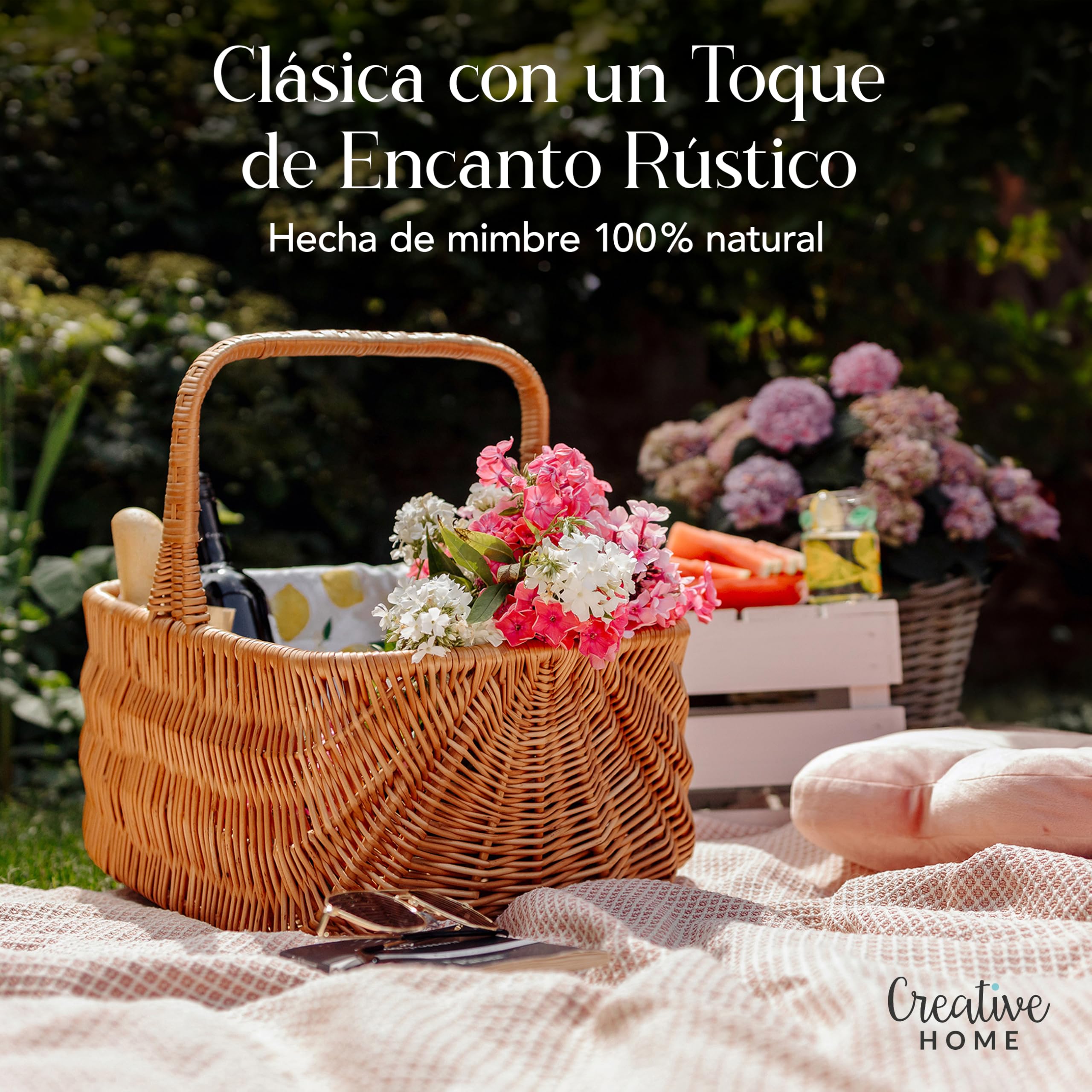 Creative Home Cesta de Mimbre Holandesa Grande con Asa | 42x32x40cm (+/- 1cm) Ligera | para Picnic Plantas Almacenaje Decoración | Tejida a Mano | Marrón Natural | Multiuso, Práctica y Duradera