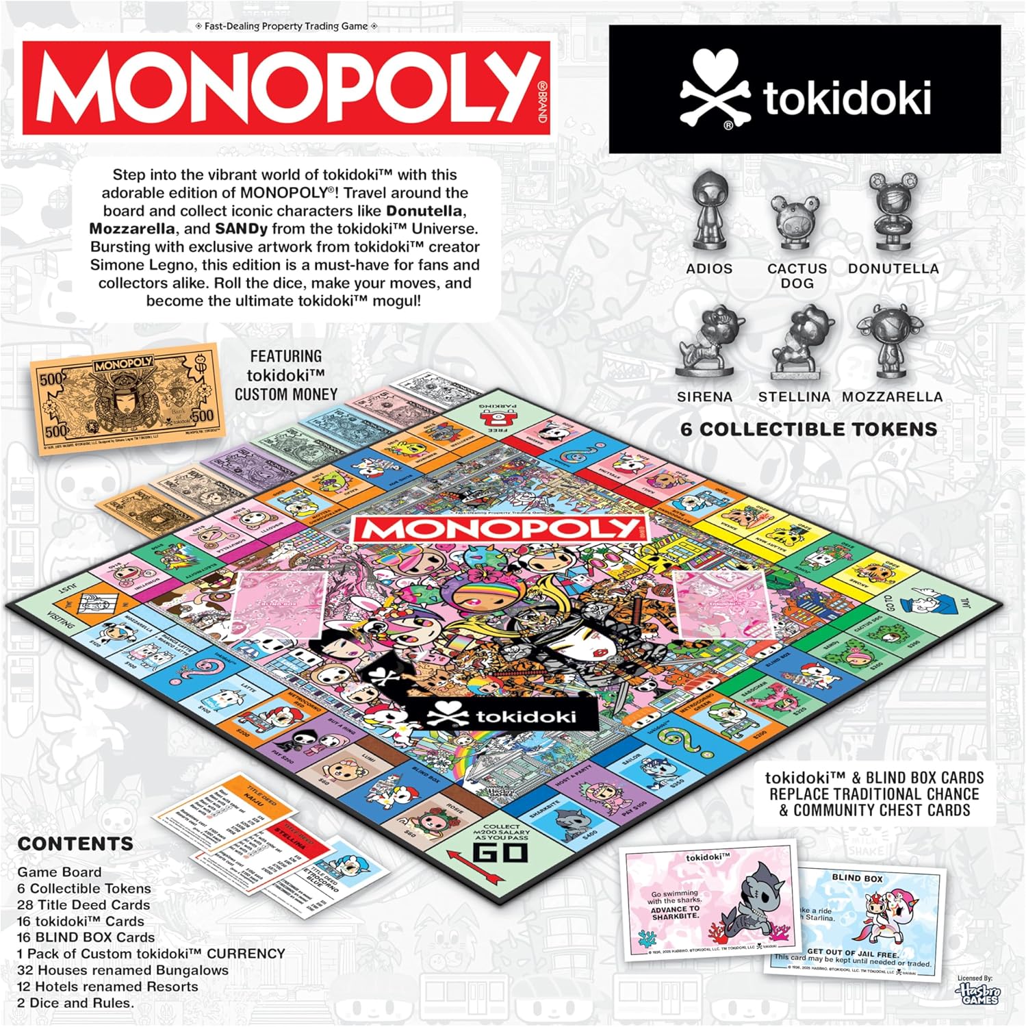 Close-up of the MONOPOLY: tokidoki game board during play, showing custom money and cards