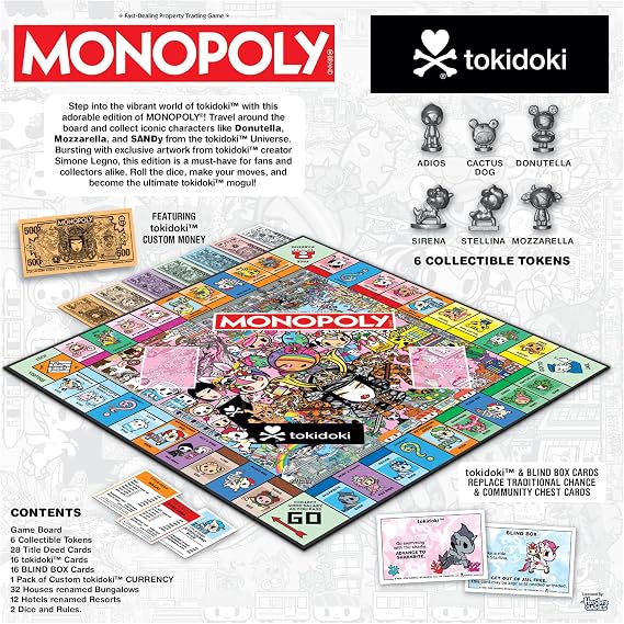 MONOPOLY: tokidoki Board Game, Buy, Sell & Trade Characters like Donutella, Mozzarella, Stellina, Includes 6 Collectible Mover Tokens - Cactus Dog, Sirena, Adios & More,Official tokidoki merchandise