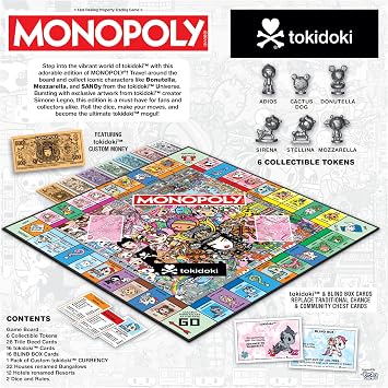 MONOPOLY: tokidoki Board Game, Buy, Sell & Trade Characters like Donutella, Mozzarella, Stellina, Includes 6 Collectible Mover Tokens - Cactus Dog, Sirena, Adios & More,Official tokidoki merchandise