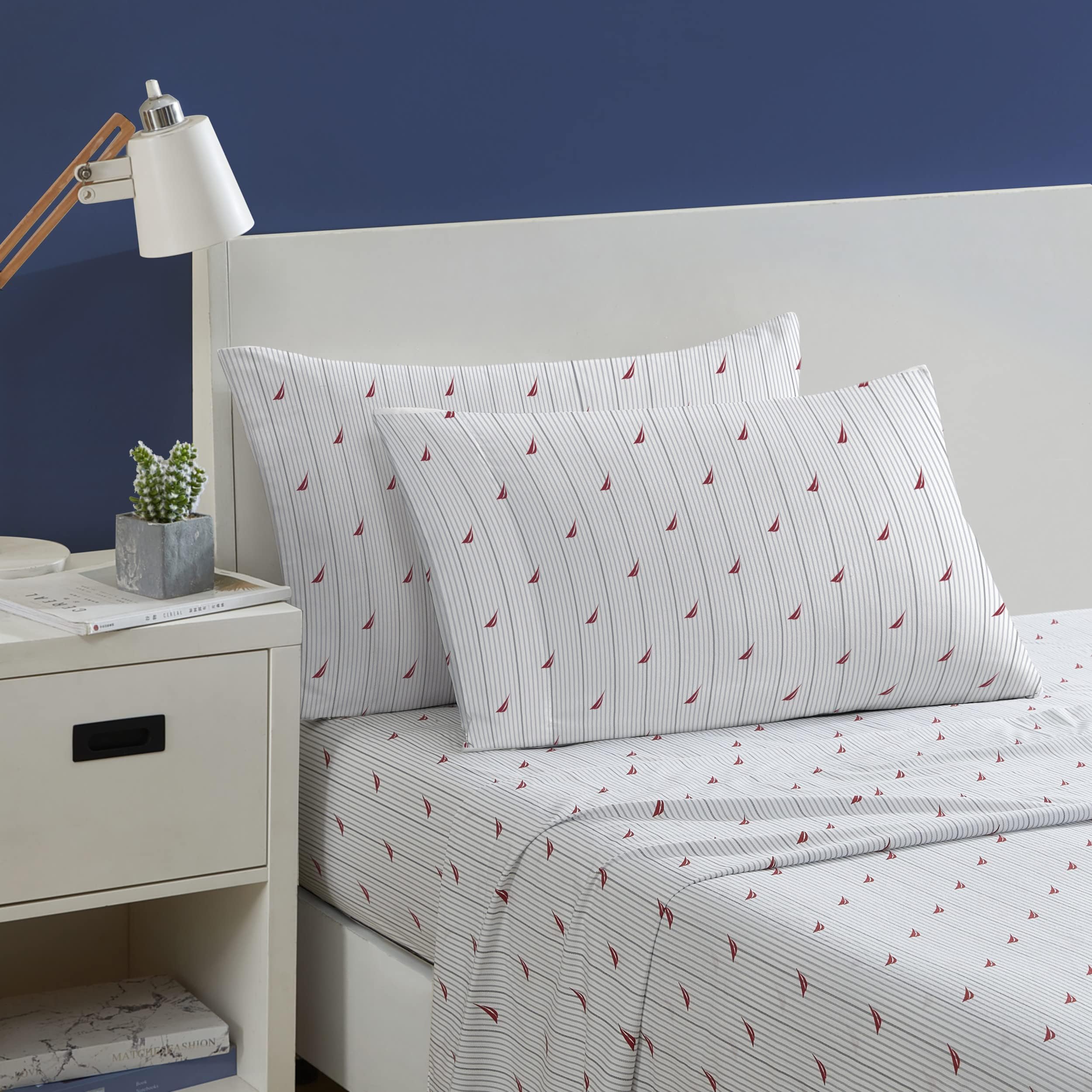 Nautica- Queen Sheet Set, Cotton Percale Bedding Set, Crisp & Cool, Lightweight & Breathable (Audley Stripe Red, Queen)OEKO-TEX STANDARD 100