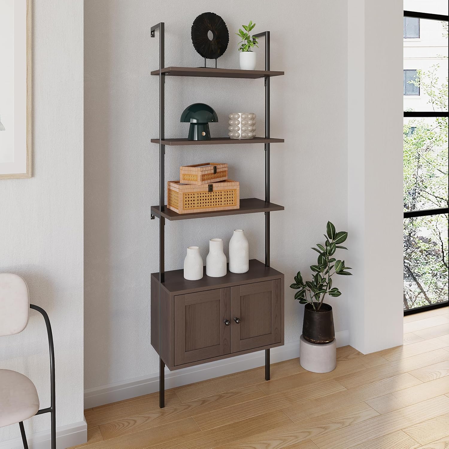 happimess MSH1002C Tulare 72.05" MidCentury Industrial 4-Shelf Wood Wall-Mounted Open Ladder Bookcase with Cabinet and Metal Frame, Brown/Black