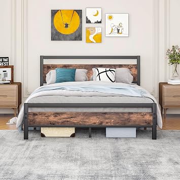 Bed Frame 160 x 200 cm Metal Wooden Bed Frame with Slatted Frame Guest Bed Youth Bed Double Bed 160 x 200 cm with Headboard Metal Bed Brown and Black