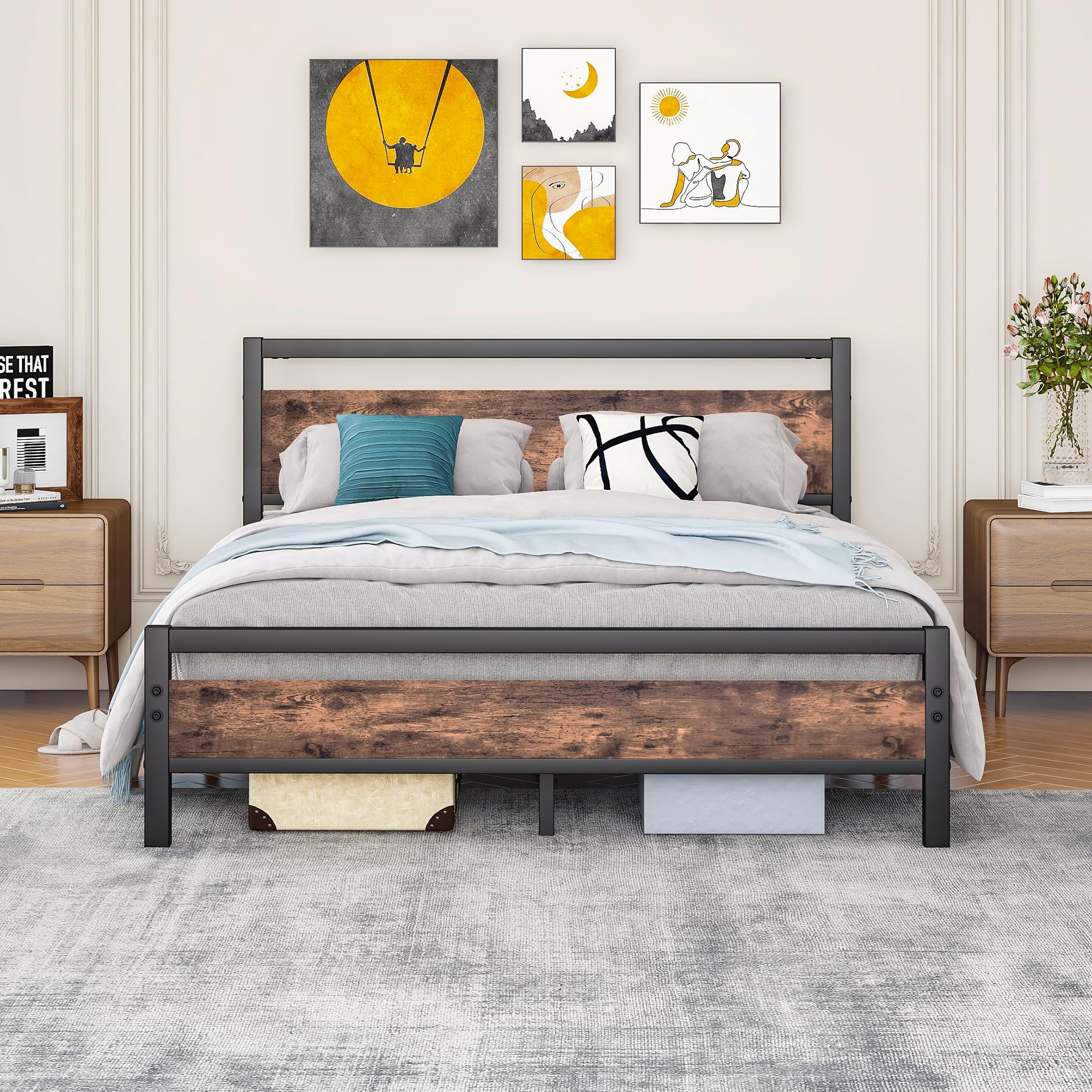 Telaio letto 160 x 200 cm, in metallo e legno, letto in metallo con rete a doghe, letto per ragazzi e ragazzi, 160 x 200 cm, con testiera, in metallo marrone e nero