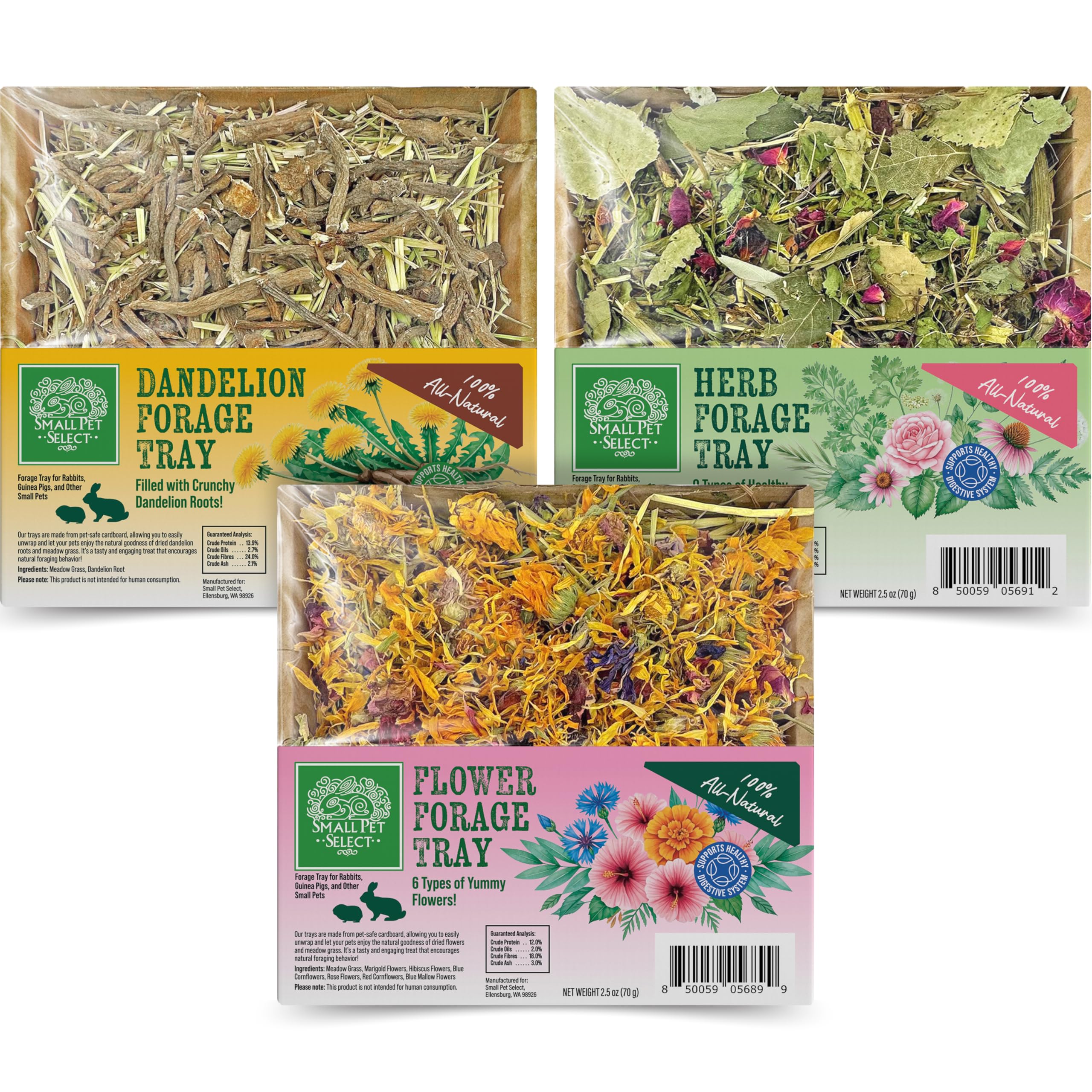 Small Pet Select Forage Tray Bundle, 3 Pack of Foraging Trays for Rabbit, Guinea Pig, Hamster or Bunny - Natural Treats, Dandelion, Flower, Herb Mix 2.5oz Each