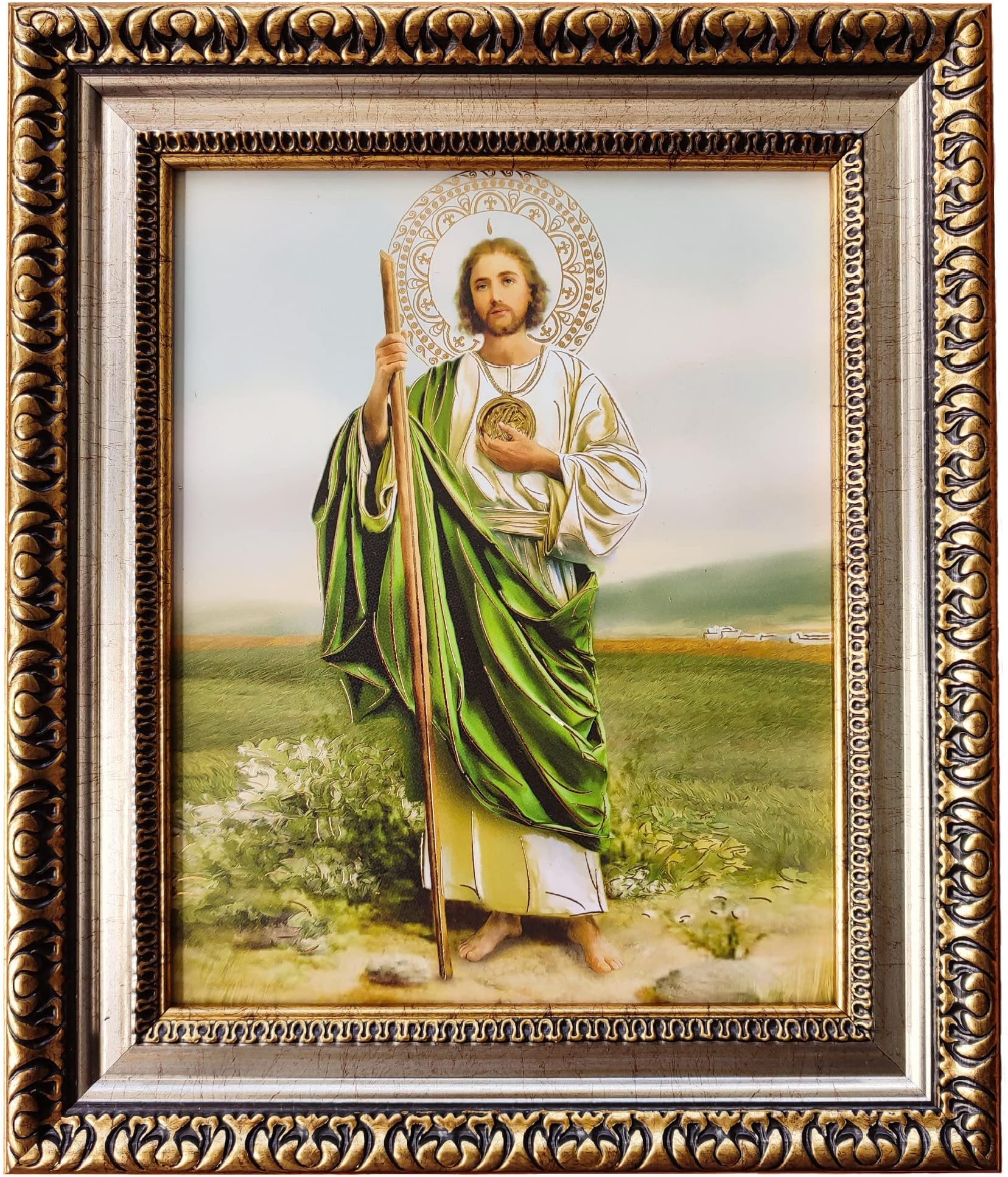 Saint Jude Thaddeus Framed Print (Cuadro de San Judas Tadeo) 11x13 inch with Golden and Silver Plated Finish Catholic Religious Wall Art Decoration