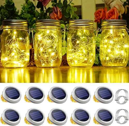 SmilingTown Paquete de 10 tiras de 30 luces LED solares con tapa de tarro de masón, luces de hadas que incluyen 10 perchas, para interiores y