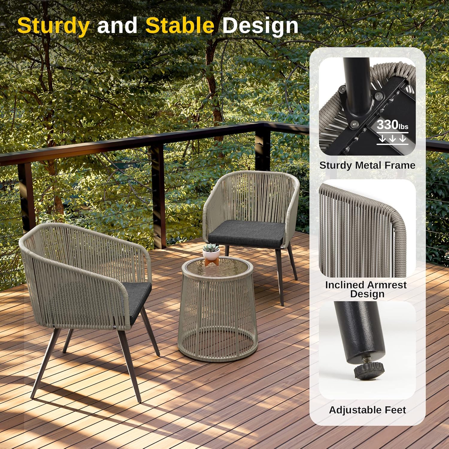 EAST OAK Breezeway Patio Furniture Set, 3-Piece Outside Bistro Set Handwoven Rattan Wicker Chairs with Waterproof Cushions, Tempered Glass Table, Outdoor Conversation Set, Light Grey & Dark Grey