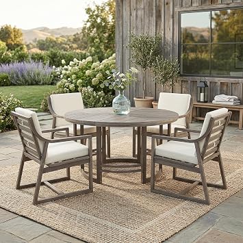 KEVINSPACE 5 PCS Patio Furniture, Patio Dining Set Acacia Wood Outdoor Table and Chairs, with 4 Chairs and 59.1" Round Table with Umbrella Hole, Outdoor Dining Set for Lawn, Balcony, Garden Brown