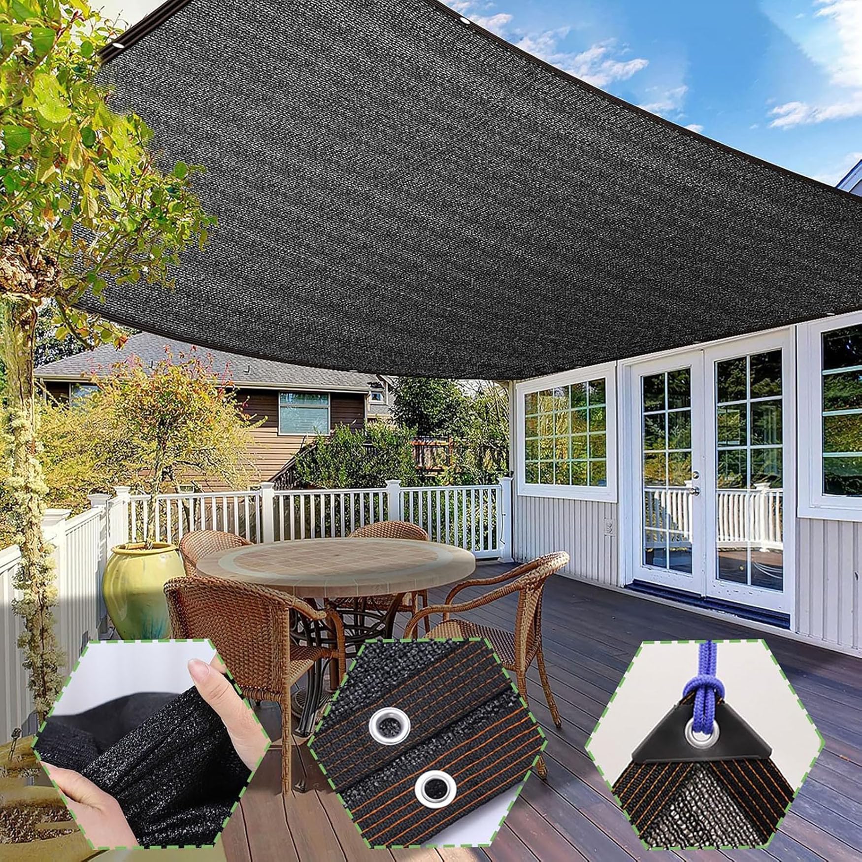 Lona Sombra Exterior 550 x 600 cm Resistente a Los Rayos UV, Transpirable y Protector Solar Red de Sombra Al Aire Libre para Pérgola, Plantas de Patio, Gallinero, Exterior, Negro