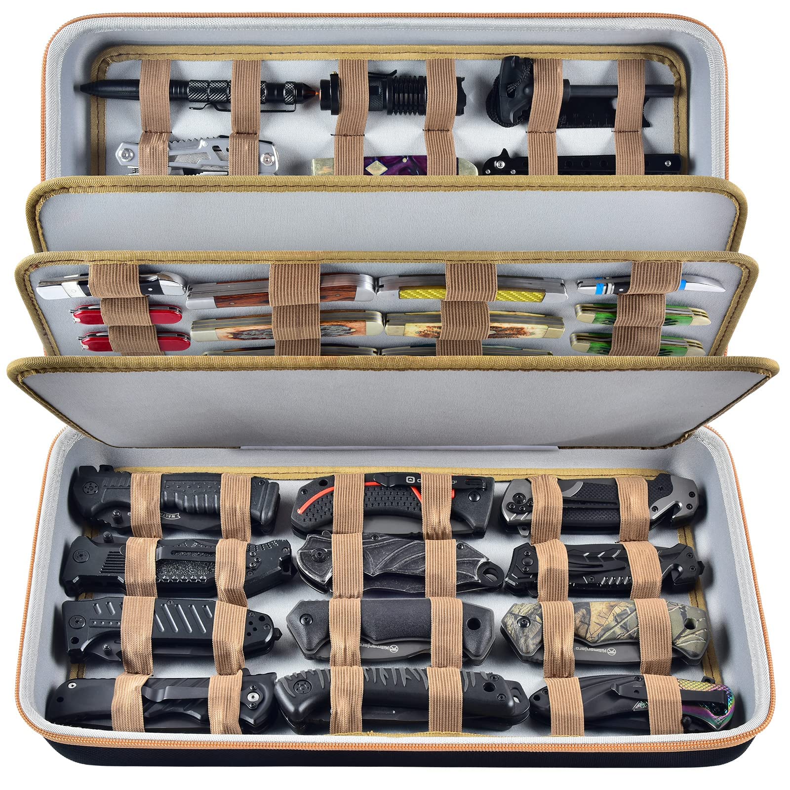 Knife Display Case for 64+ Pocket Knives, Butterfly Knife Storage Box, Folding Knives Organizer Holder, Knives Collection Organized Carrier for Survival, Tactical, Outdoor, EDC Mini Knife (Black)
