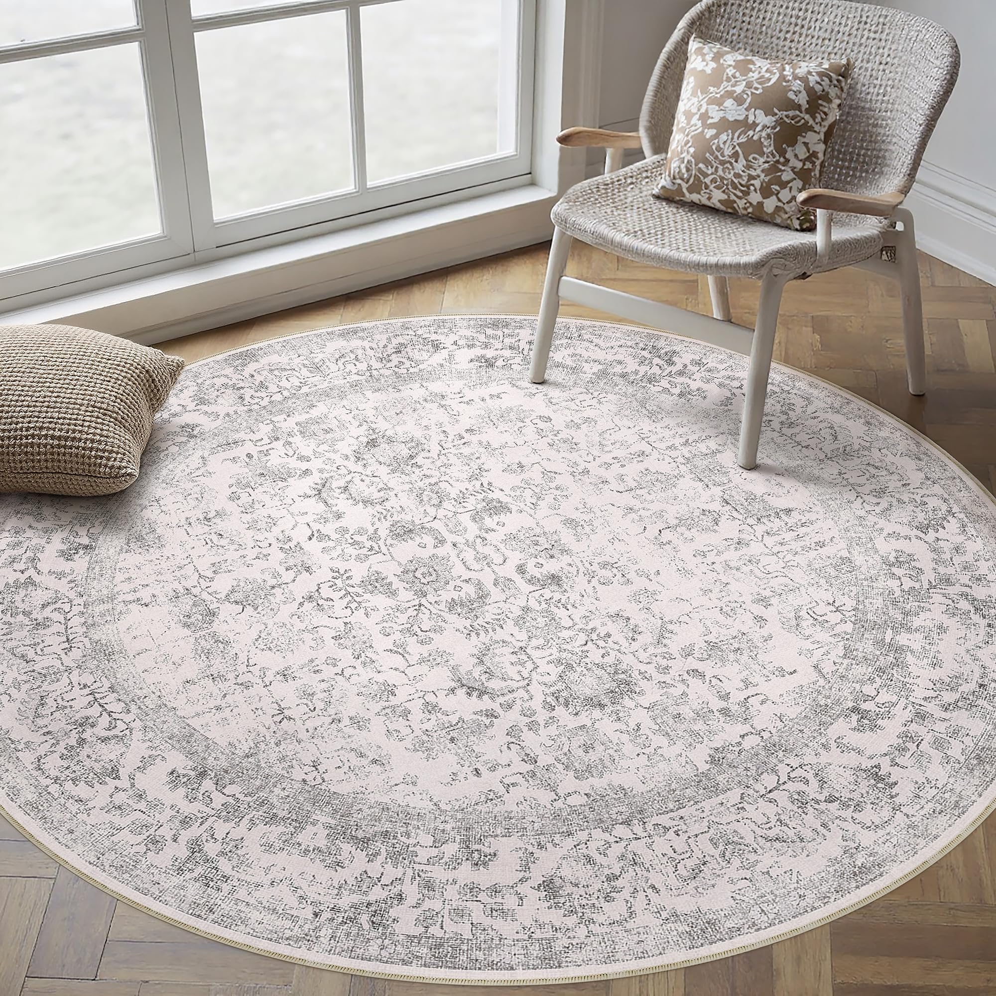 HUGEAR Vintage Grey Round Rug 240cm Washable Non Slip Circle Area Rugs Living Room Bedroom Kitchen Hall Lounge Bedside Office Dining Room Indoor Carpet Low Pile Circular Carpets โ image 1