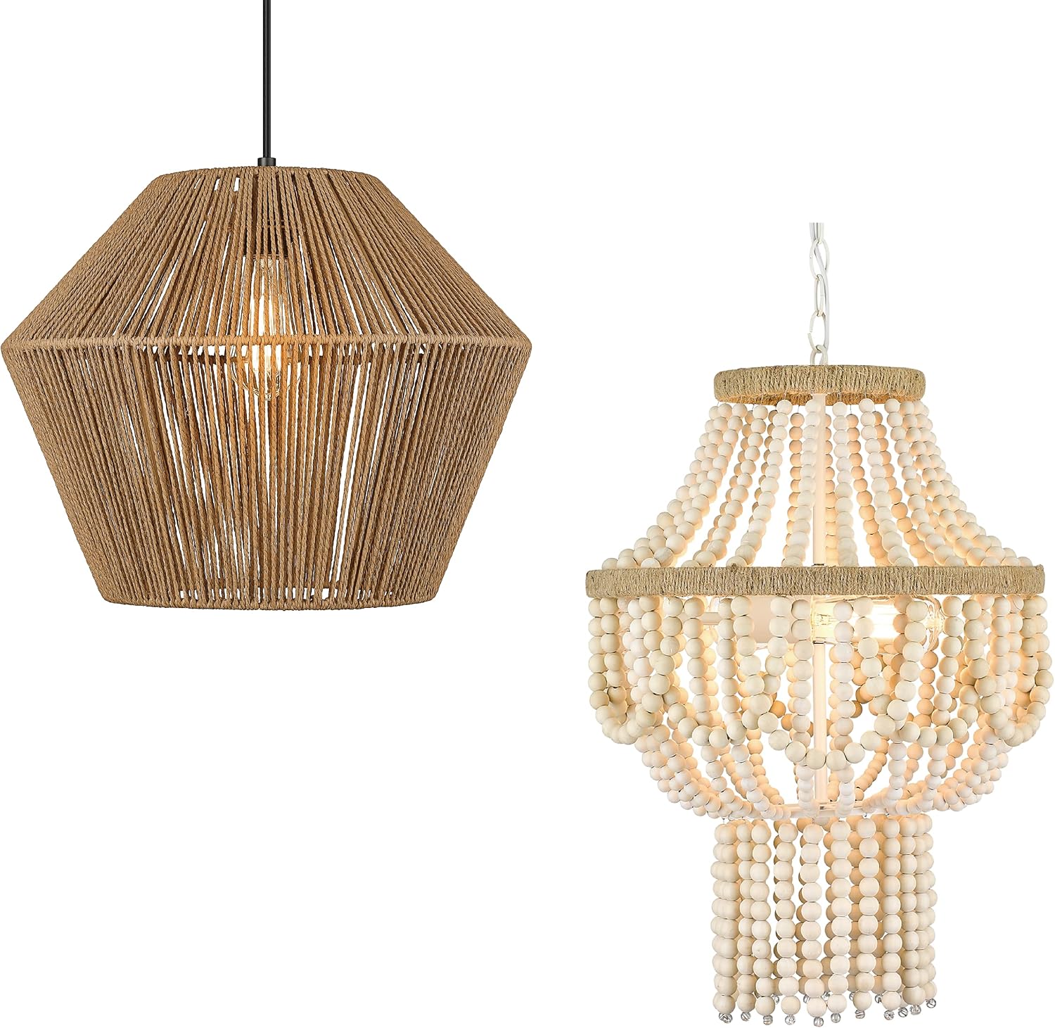 ELYONA Boho Farmhouse Wood Beaded Chandelier and 17” Modern Boho Woven ...