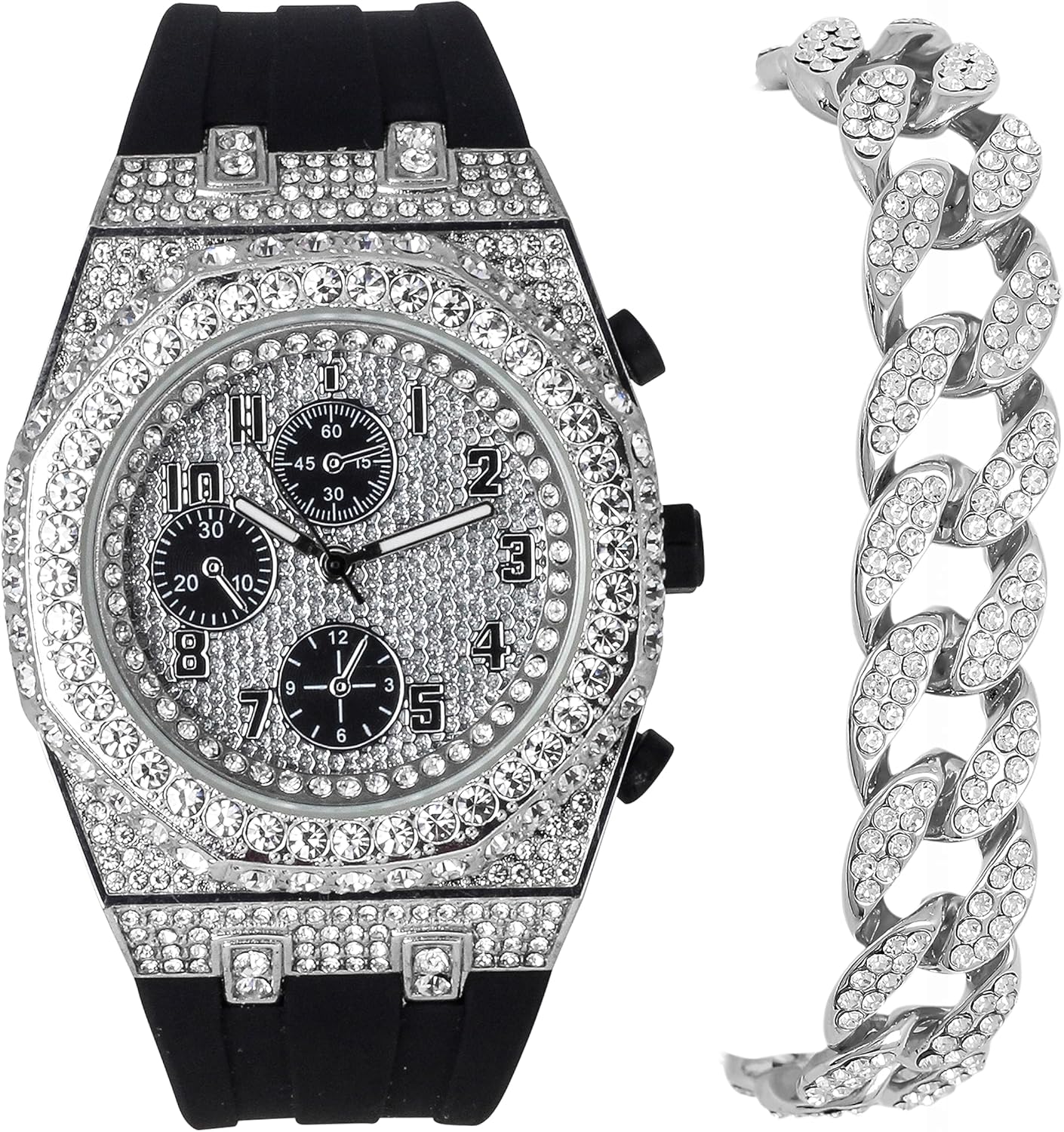 ICE STAR Men's 43mm Luxury Iced Diamond Octagon Watch & Bracelet Set - Silicone Band