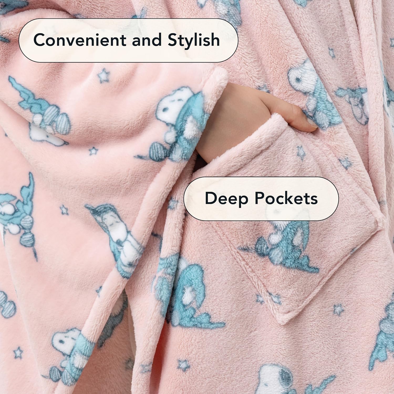 Berkshire Peanuts® Wearable Throw – Snoopy Print PrimaLush™ Plush Shawl Blanket, 58" x 64" - Image 5