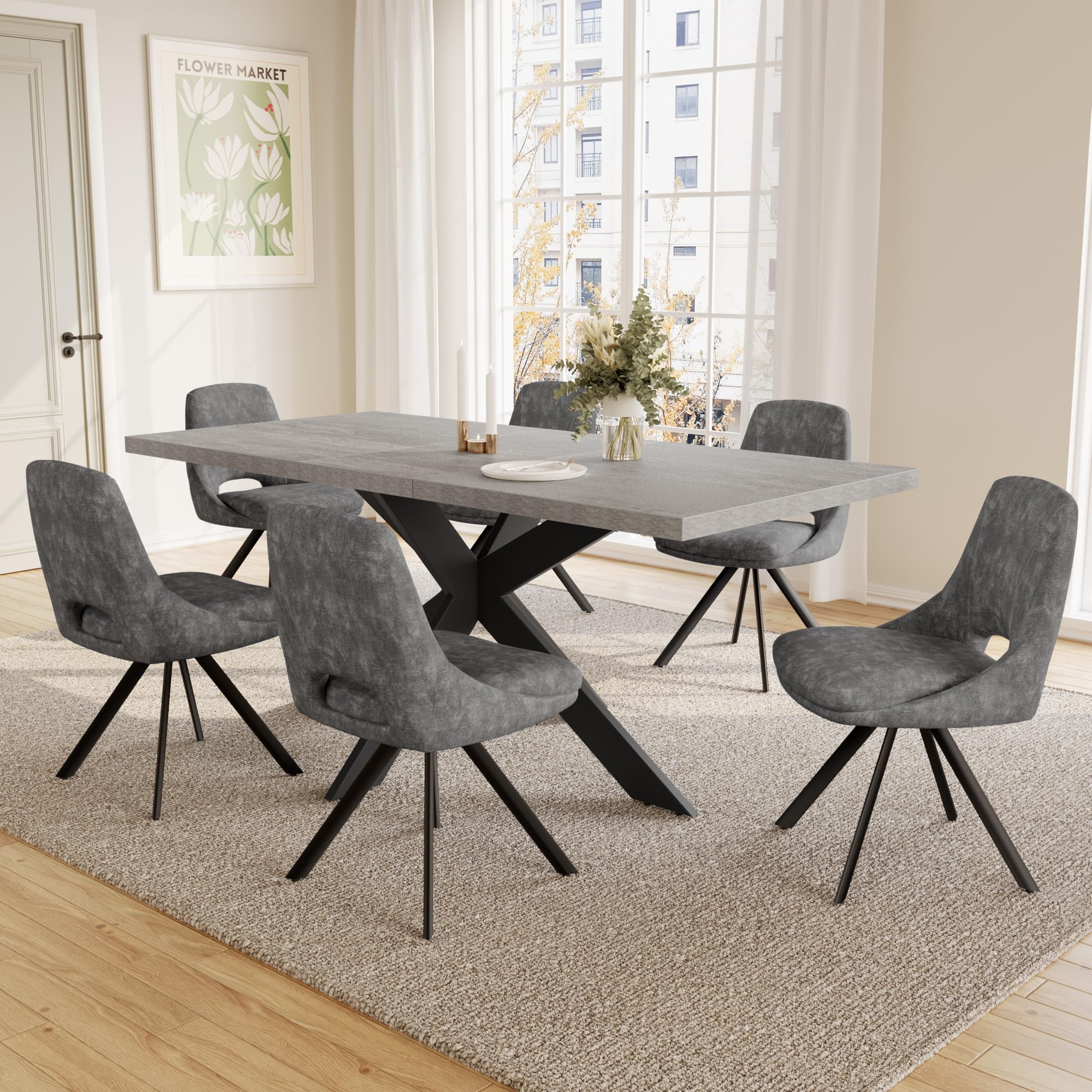JIEXI Ensembles de salle à manger pour 4-6 personnes, table à manger extensible avec chaises, table moderne en bois MDF gris, adaptée pour le salon, la cuisine, les réunions avec beaucoup de personnes