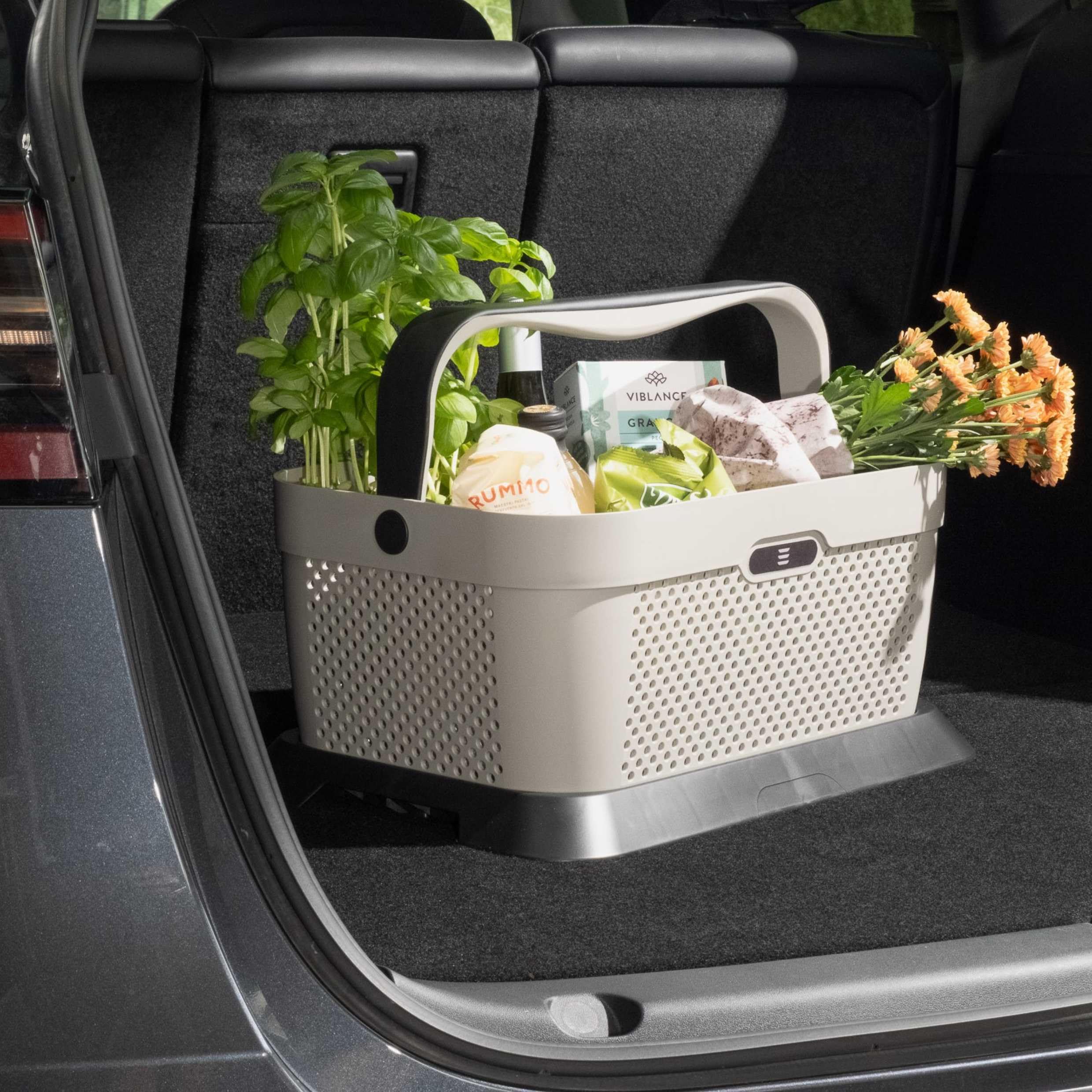 TESLA BASKET by RATI für Tesla Model Y & Model 3 – Smarter Auto Korb zum Einkauf & Outdoor-Aktivitäten, mit Befestigungsadapter zum Kofferraum, rutschfest und Stabil während der Fahrt - Grau