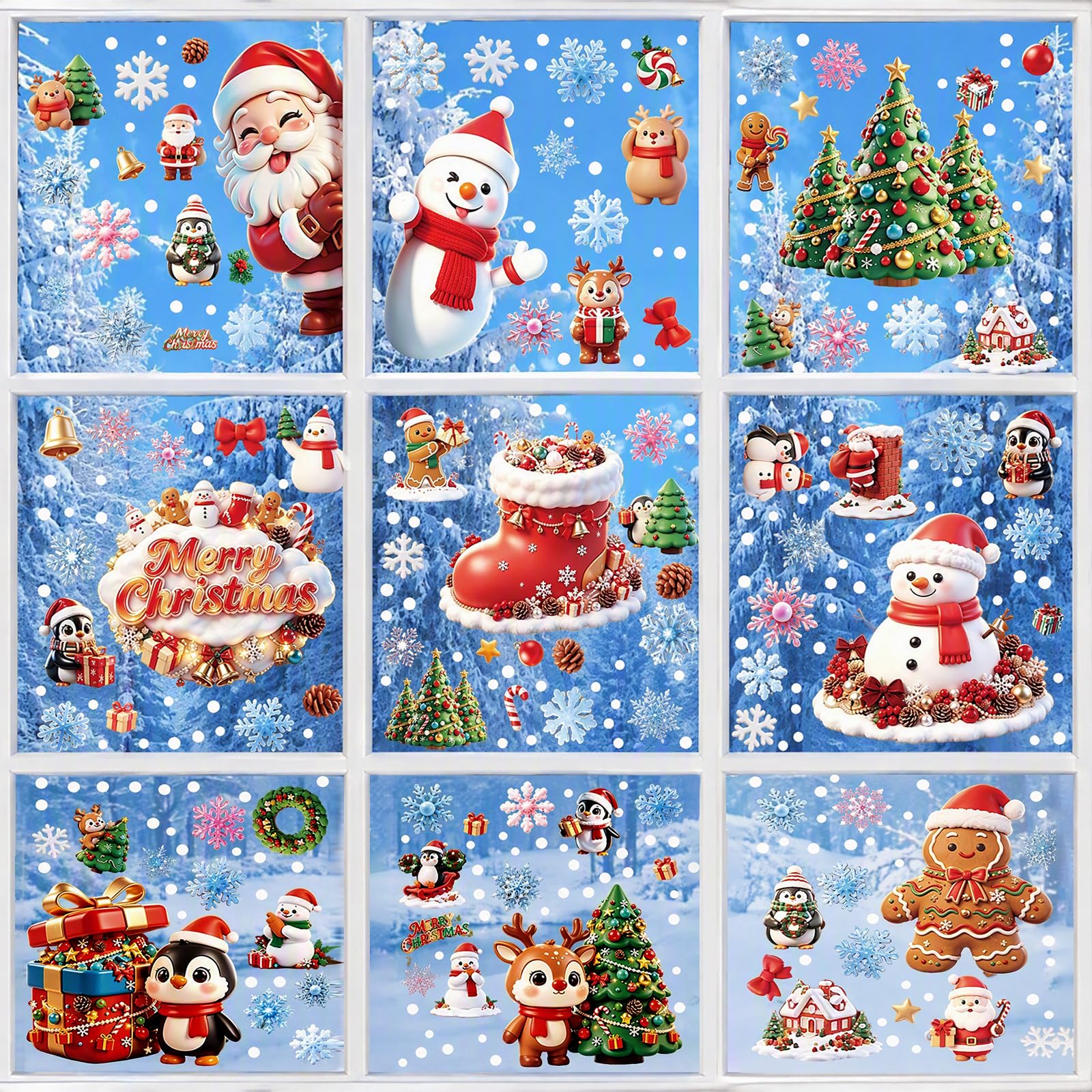 307 Pcs Christmas Window Stickers 9 Sheets, Christmas Decorations PVC Material, Large Size, Double-Sided Xmas Window Stickers Cling, Reusable Removable Static Clings, for Home Party Decor
