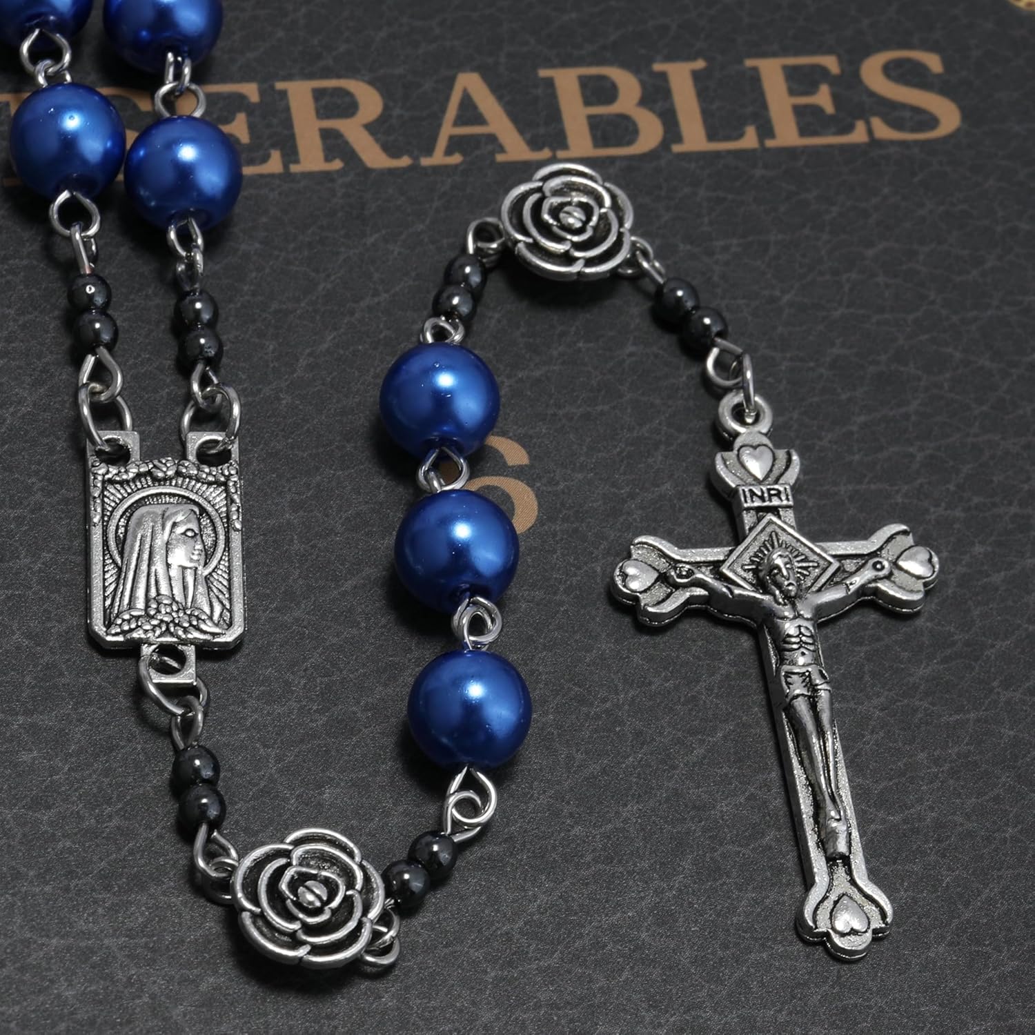 Nazareth Store Pearl Beads Rosary Metal Mystery Roses with Hematite stones, Catholic Rosary Necklace Our Rose Lourdes Medal & Cross Crucifix - Image 6