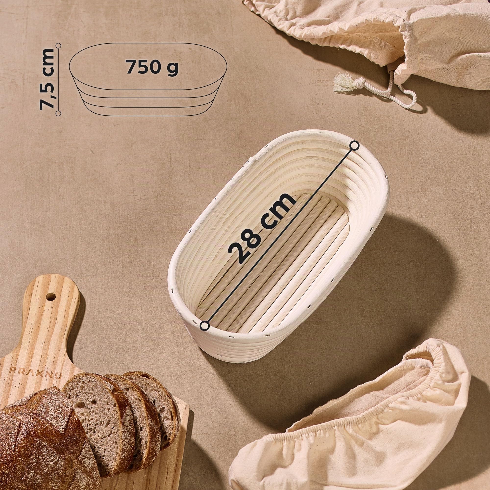 Praknu Banneton pour Pain Ovale 28 cm - En Bois Rotin Résistant - Kit boulangerie avec Brosse, Tissu en Lin & Sac pour le Pain
