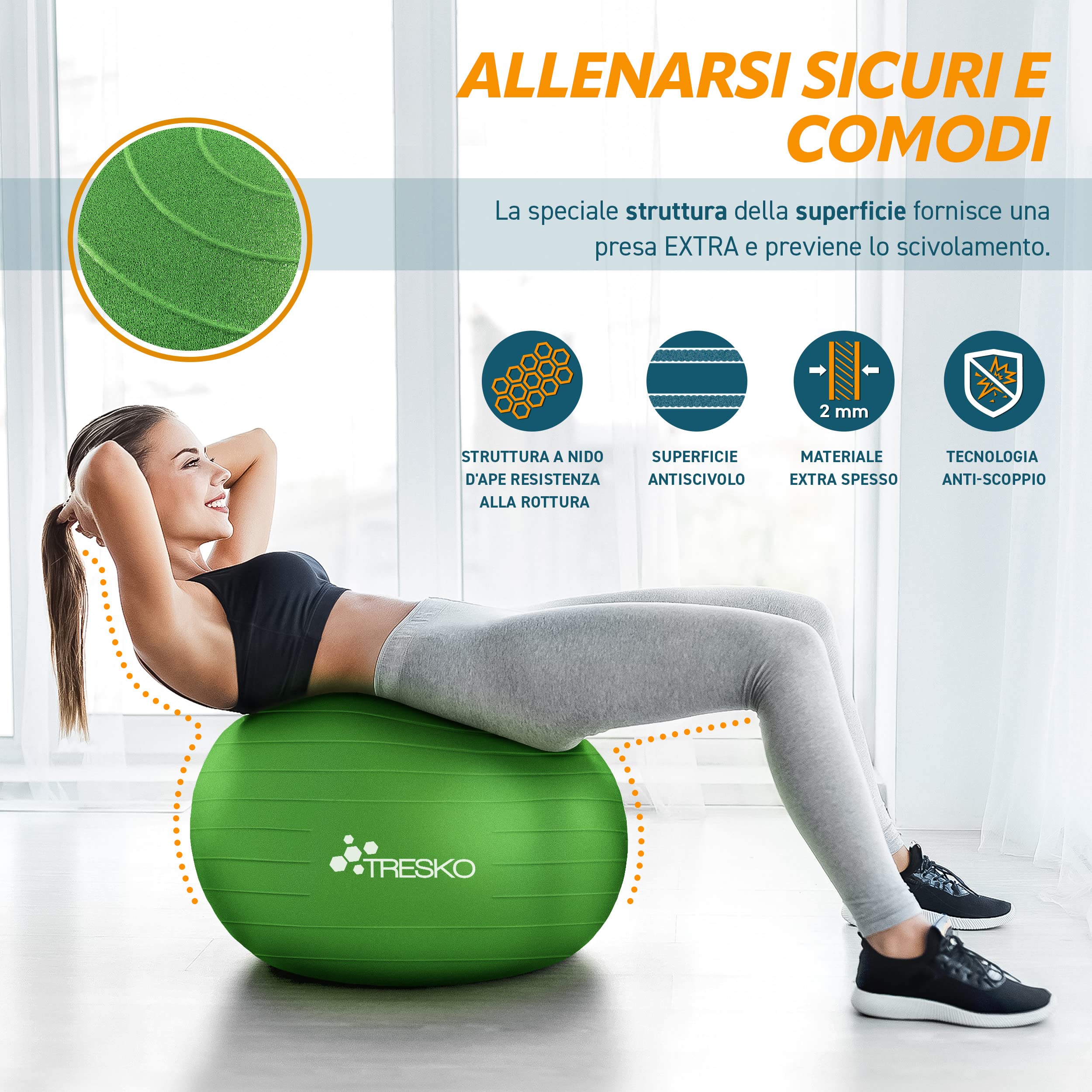 TRESKO Palla Fitness, Palla Pilates Anti-Scoppio 55cm/65cm/75cm/85cm Palla da Ginnastica con Pompa Rapida per Fitness Yoga e Pilates