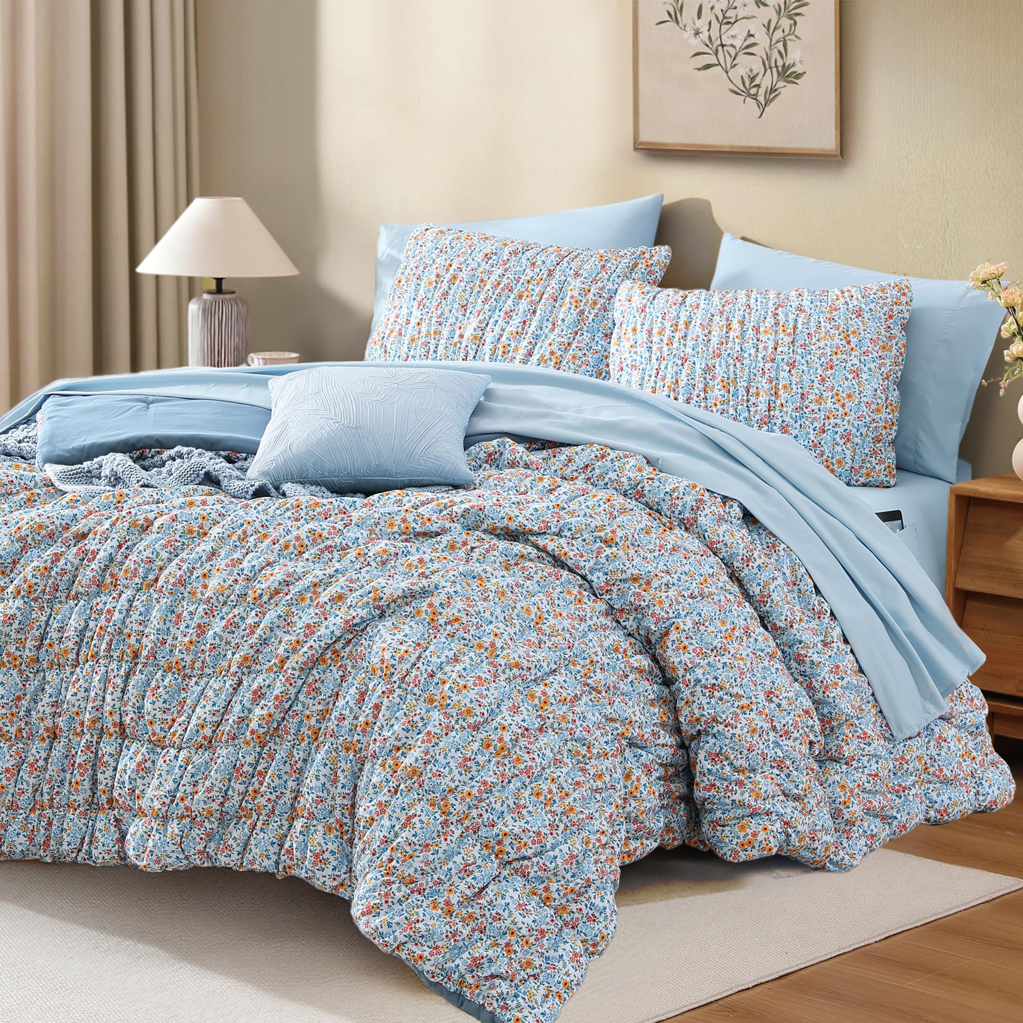 Amazon.com: Queen Size Comforter Sets - 3 Pieces Blue Ruched