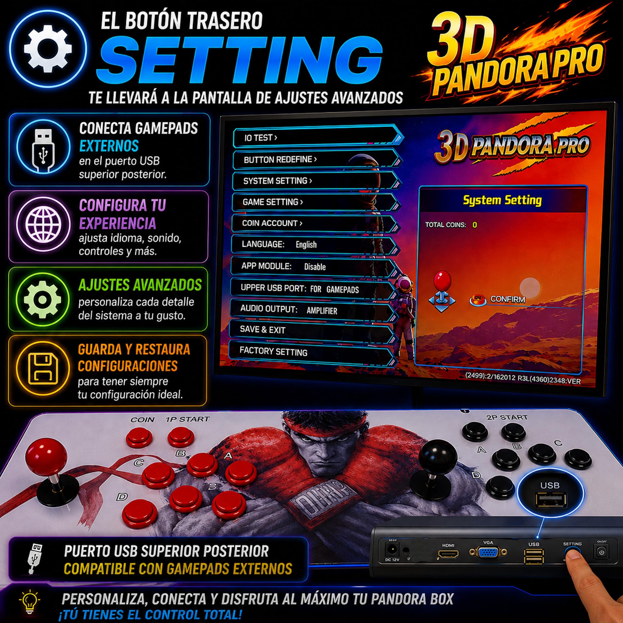 Maquina Arcade con 9800 Titulos. Consola Arcade Que Incluye 6 Botones por Jugador, 2 joysticks Estilo Sanwa DX2 Sistema Plus Saga