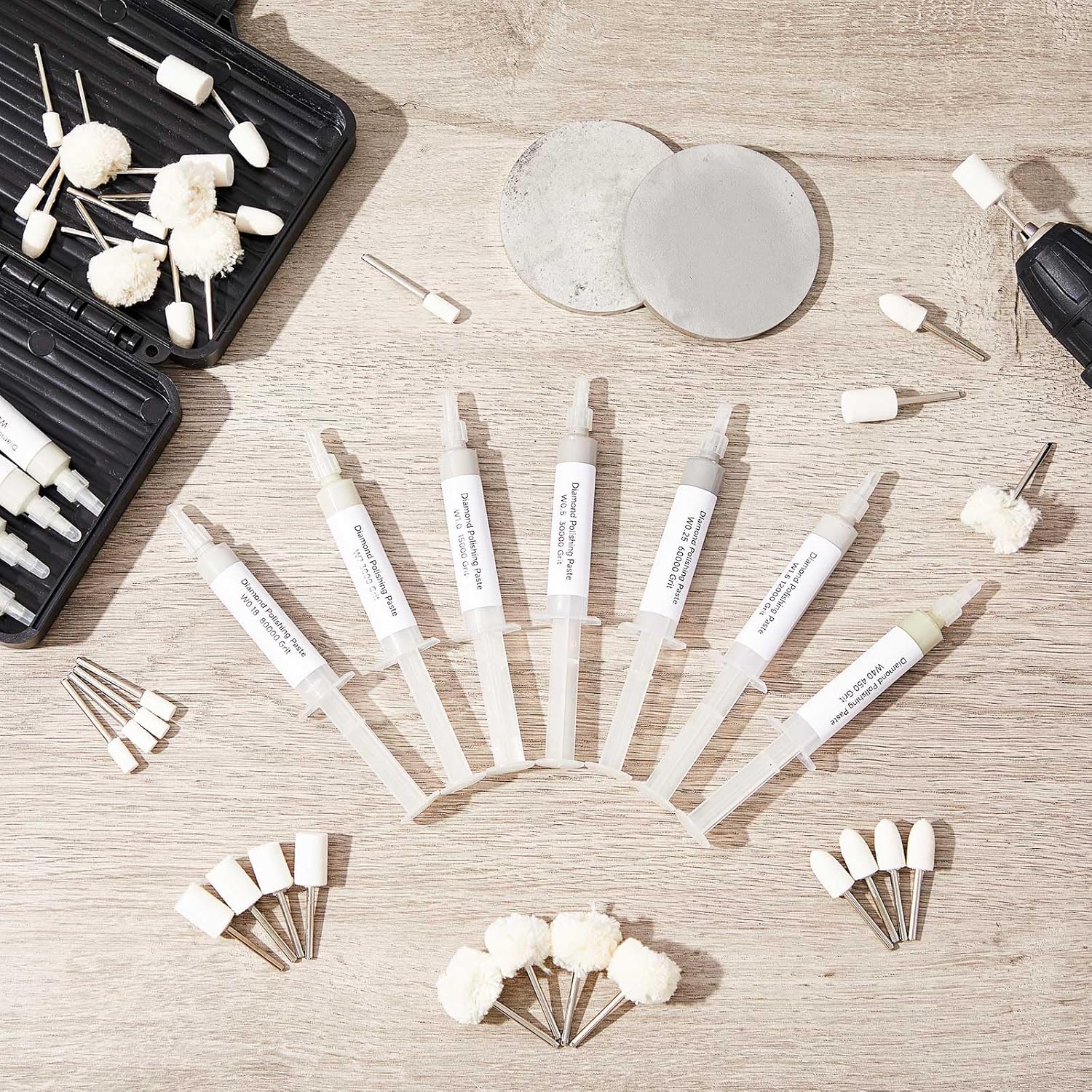 47 Pcs Diamond Polishing Compound Kit, 36 Grinding Buffing Bits and 11 Oil Based Diamond Lapping Paste 450-Ultra Fine 80000 Grit with Box for Metal Coin Stone Jewelry Ring Polishing