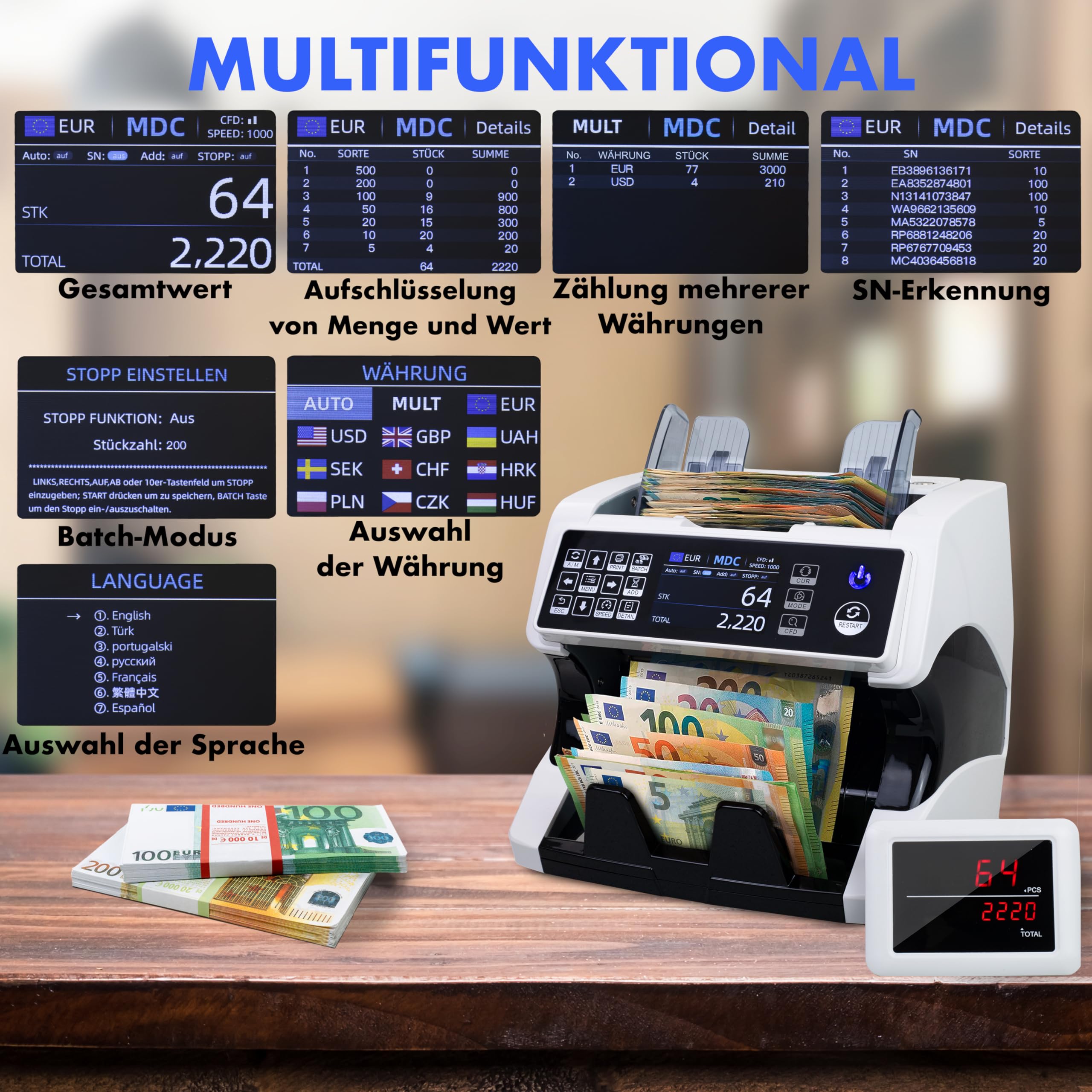 MV-500 Geldzählmaschine für gemischte Geldscheine & Falschgelddetektor | UV/MG/IR/DD/ 2CIS usw.| Exakt | EUR USD GBP SEK CHF usw. | Banknotenzähler | Geldzähler | Banknotenzählmaschine