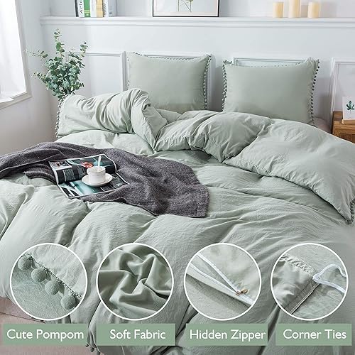Miniatura 10 de Andency Funda de edredón con flecos y pompones, tamaño King (104 x 90 pulgadas), 3 piezas (1 funda de edredón color azul aguamarina liso, 2 fundas