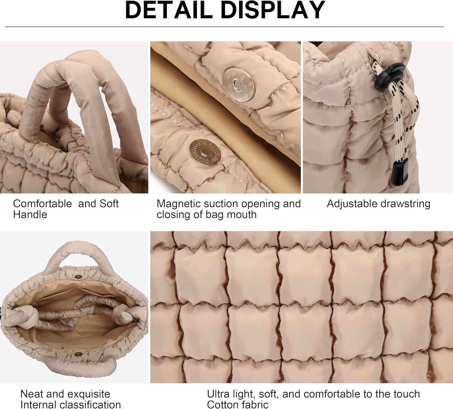 Queenoris Quilted Puffer Work Tote Bag for Women, Large Lightweight Carryall Shoulder Bag with Zipper Crossbody Bag