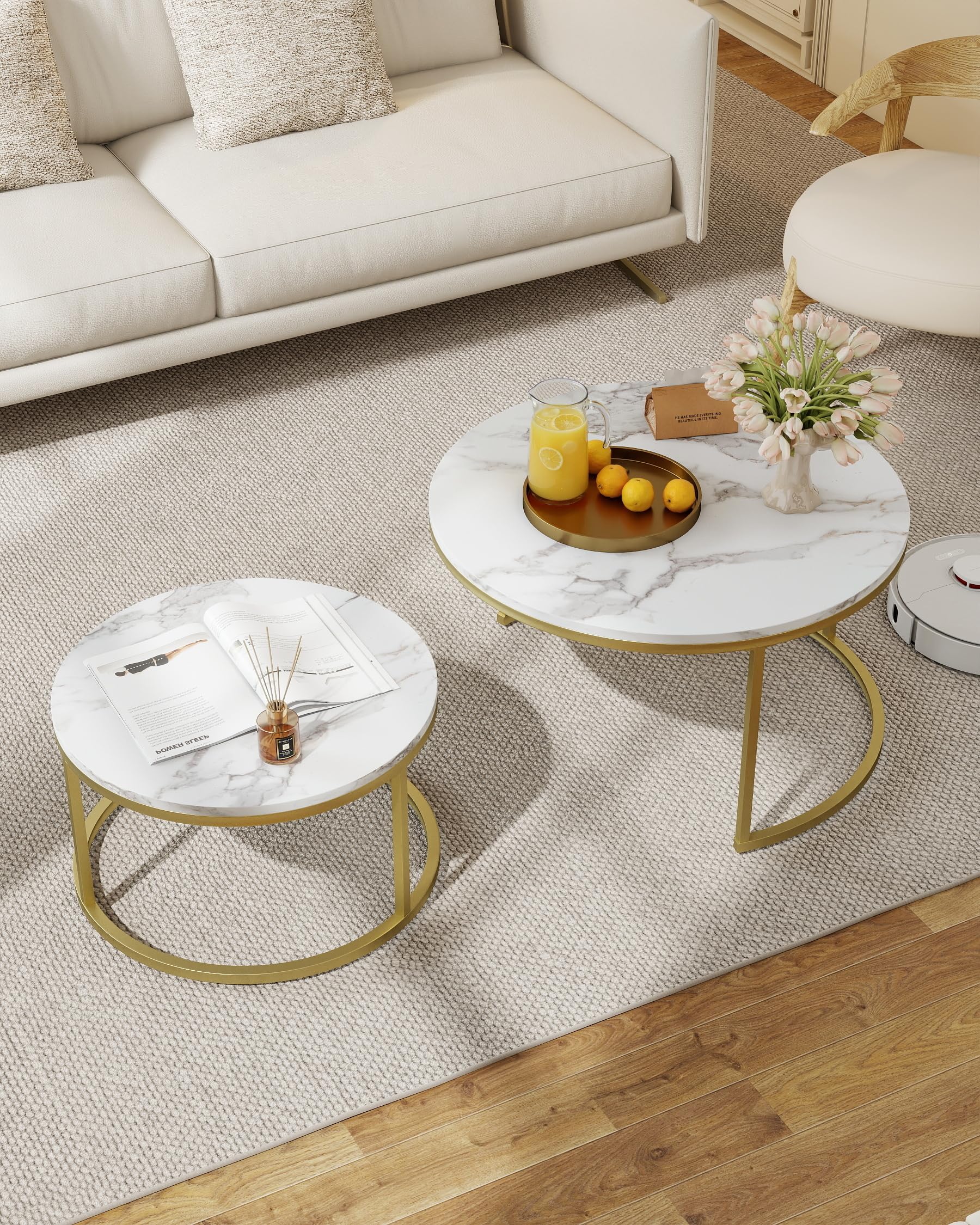Table Basse Gigogne Effet Marbre Blanc Table Basse Blanche avec Cadre Doré, Tables Basses Rondes Ensemble de Tables d'Appoint Modernes pour Salon, Diamètre 80+60 cm