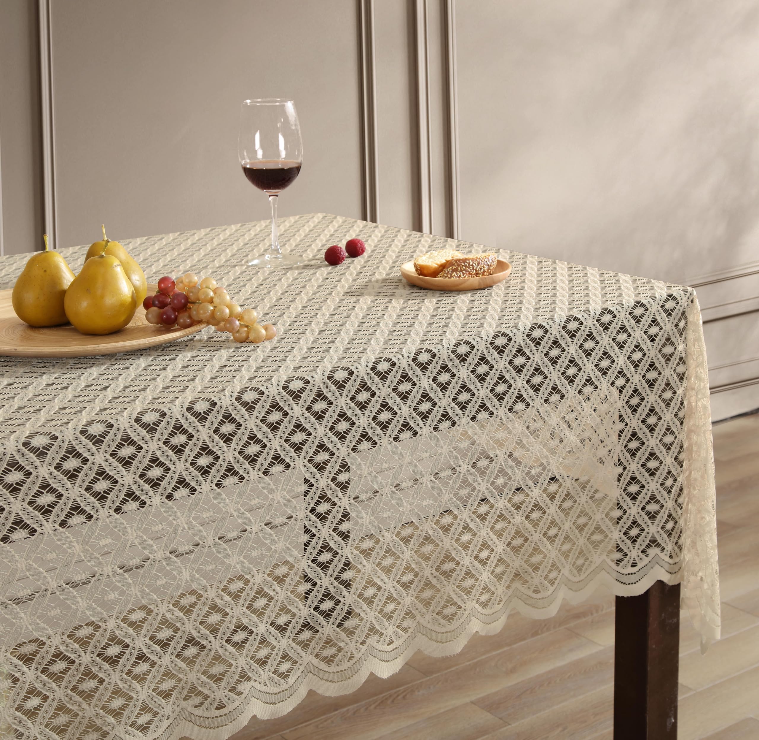 HLC.ME Sedona - Mantel de encaje, rectangular, 60 x 104 pulgadas, lino gris pardo | Mantel festoneado resistente a las arrugas, mantel de tela, ideal para bodas, baby shower y fiestas