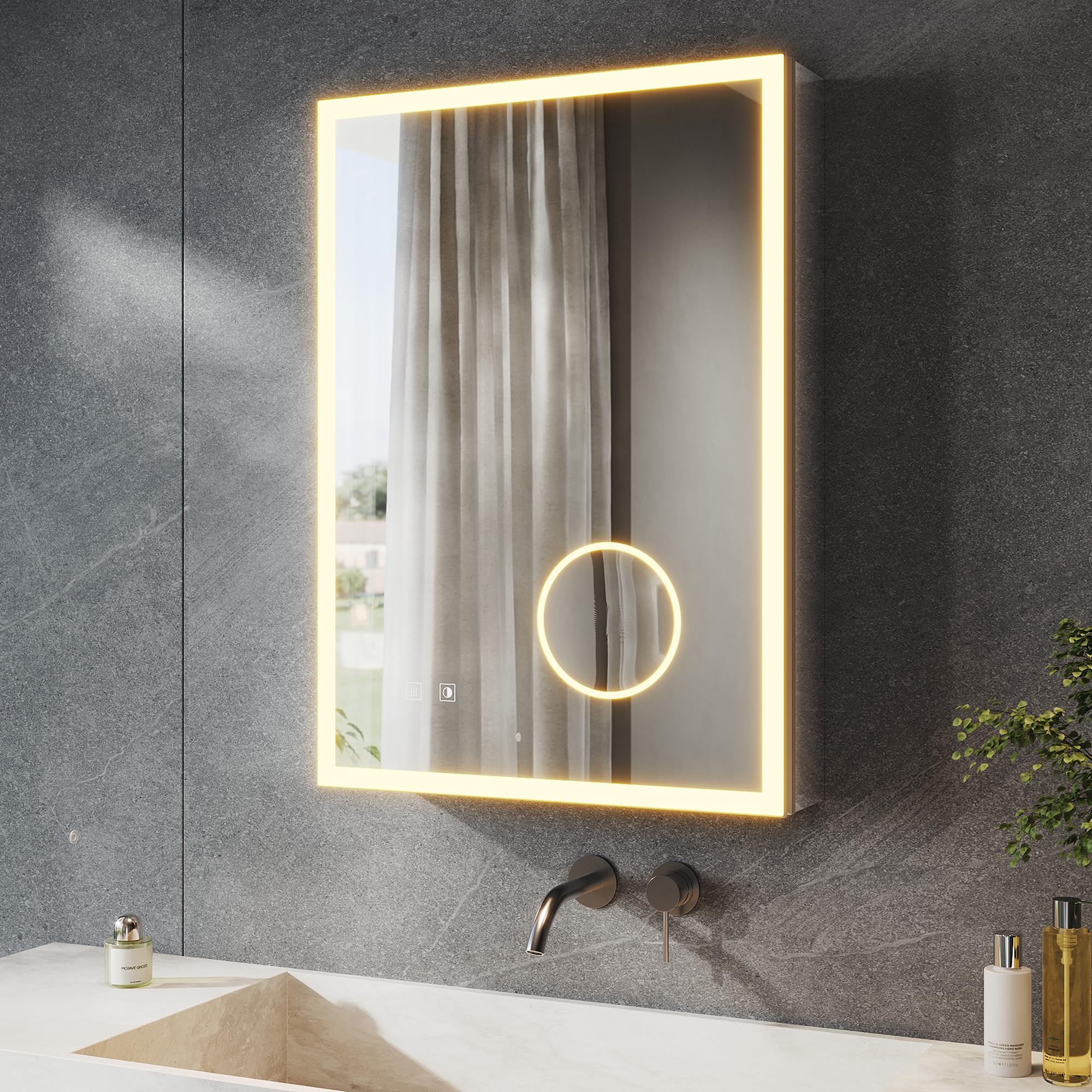 SONNI Szafka łazienkowa z lustrem LED z 3-krotnym powiększeniem i gniazdkiem 70 x 50 cm, aluminiowa szafka z lustrem z włącznikiem dotykowym, 3 kolory światła + defogging, IP44 wodoodporna
